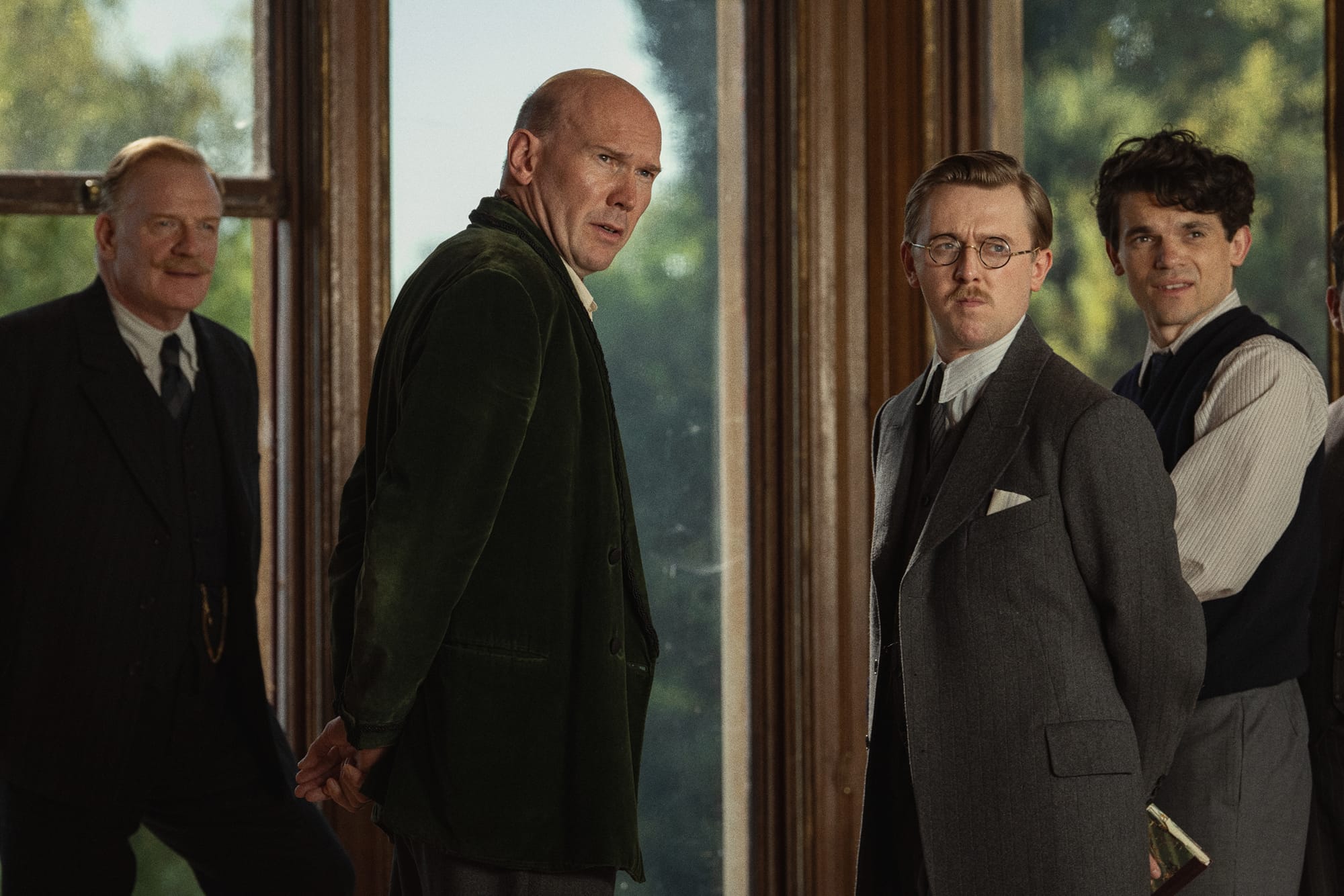 Hughie O’Donnell as Bill Eversleigh, Alex Macqueen as George Lomax, Josef Davies as Alfred, and Edward Bluemel as Jimmy in 'Agatha Christie's Seven Dials'