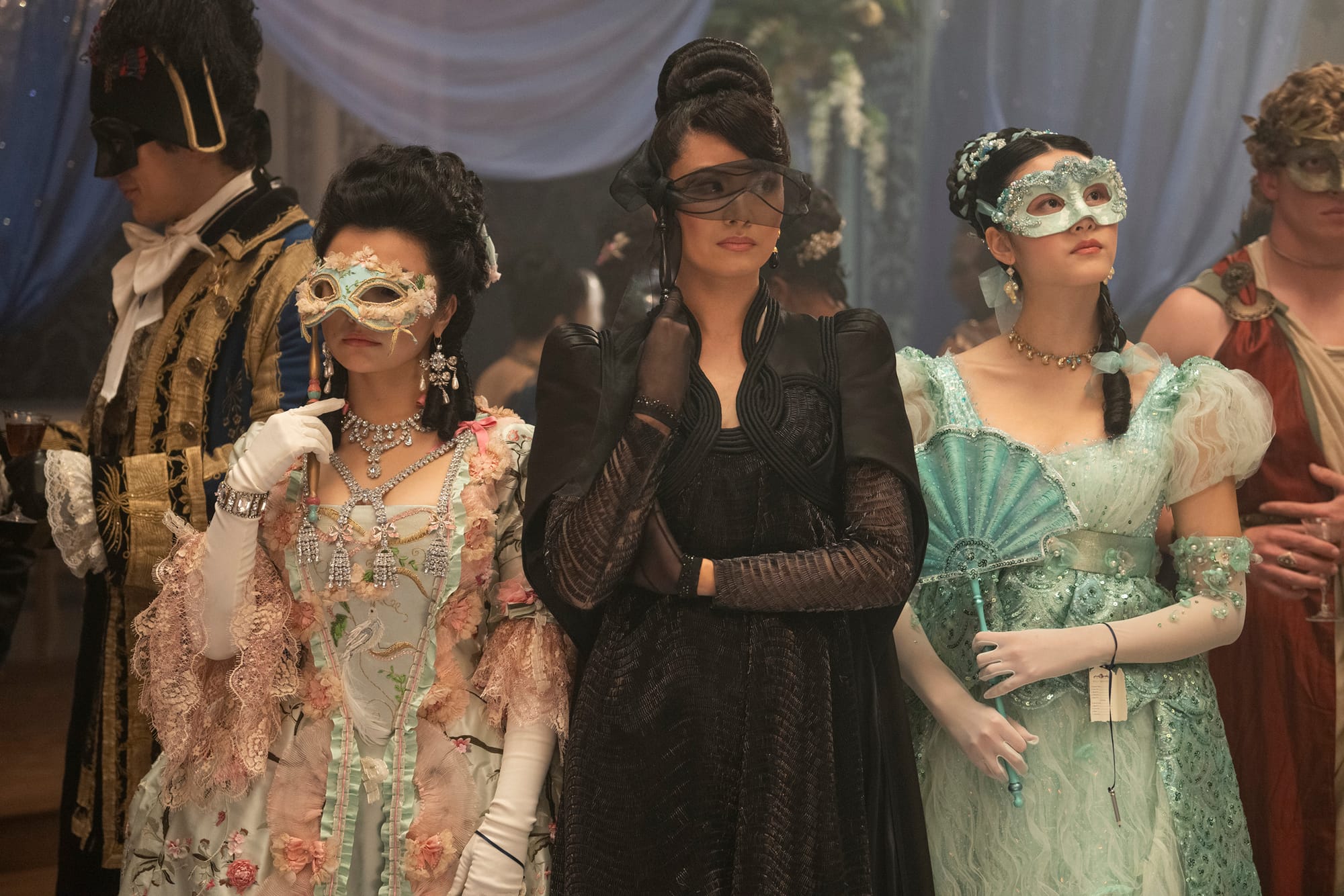 Isabella Wei as Posy Li, Katie Leung as Lady Araminta Gao, Michelle Mao as Rosamund Li in 'Bridgerton' Season 4. 