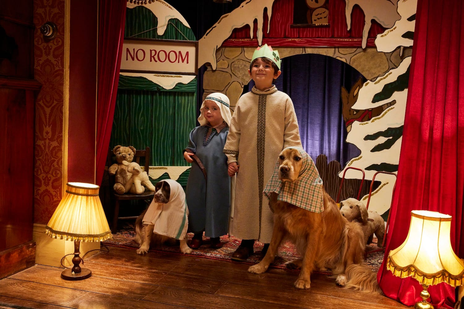 Rosie Herriot (Isabella Ward) and Jimmy Herriot (Thomas Riches) and the Skeldale dogs.
