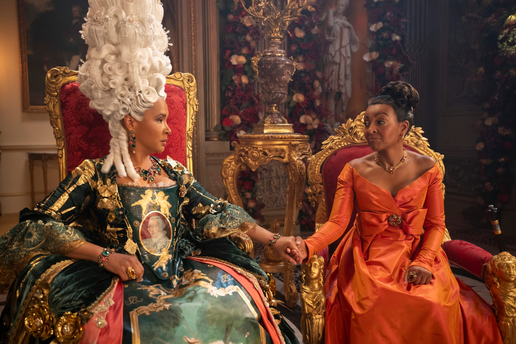 Golda Rosheuvel as Queen Charlotte, Adjoa Andoh as Lady Danbury in 'Bridgerton' Season 4.