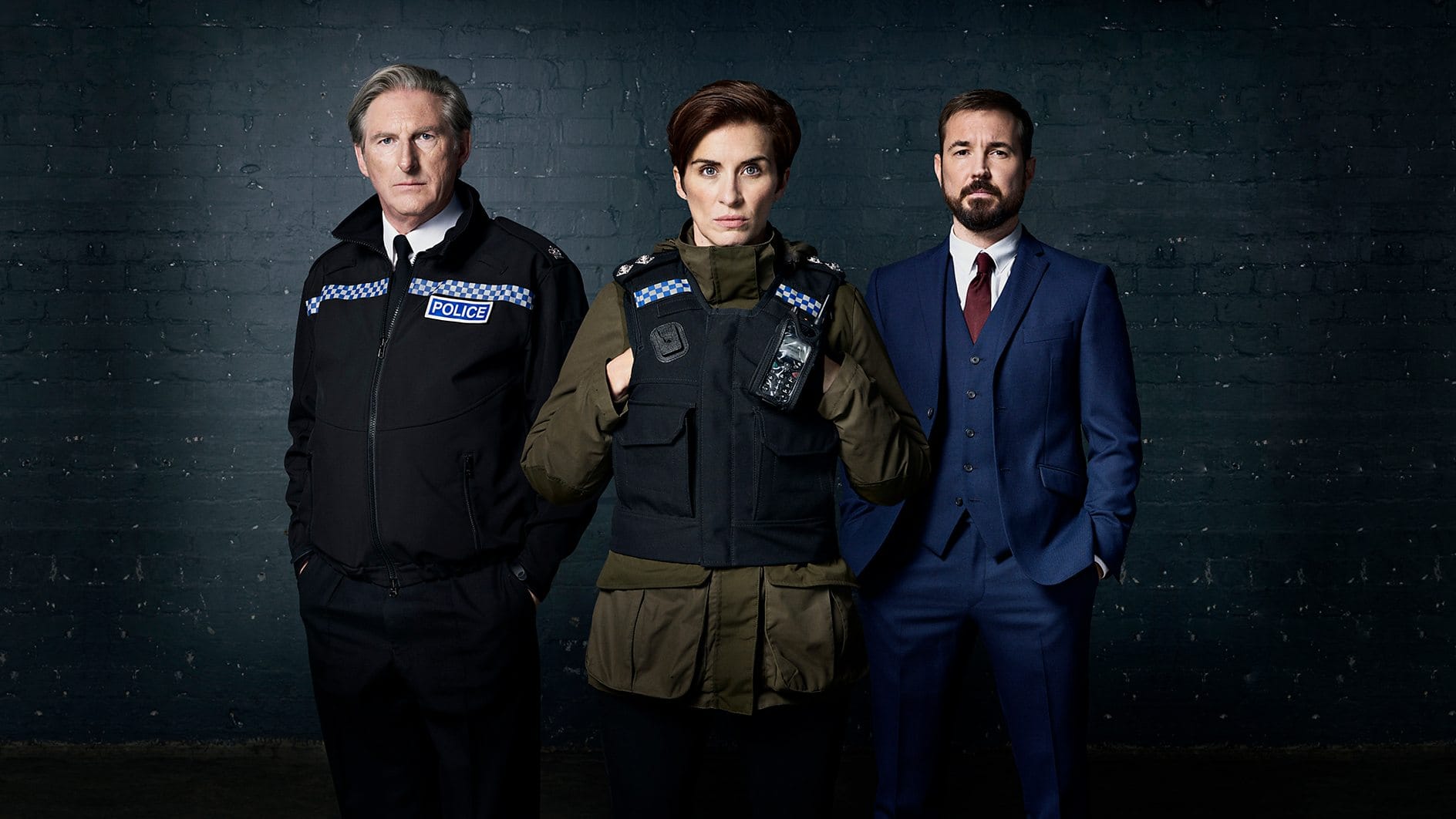 Martin Compston, Vicky McClure and Adrian Dunbar in 'Line of Duty's key art 