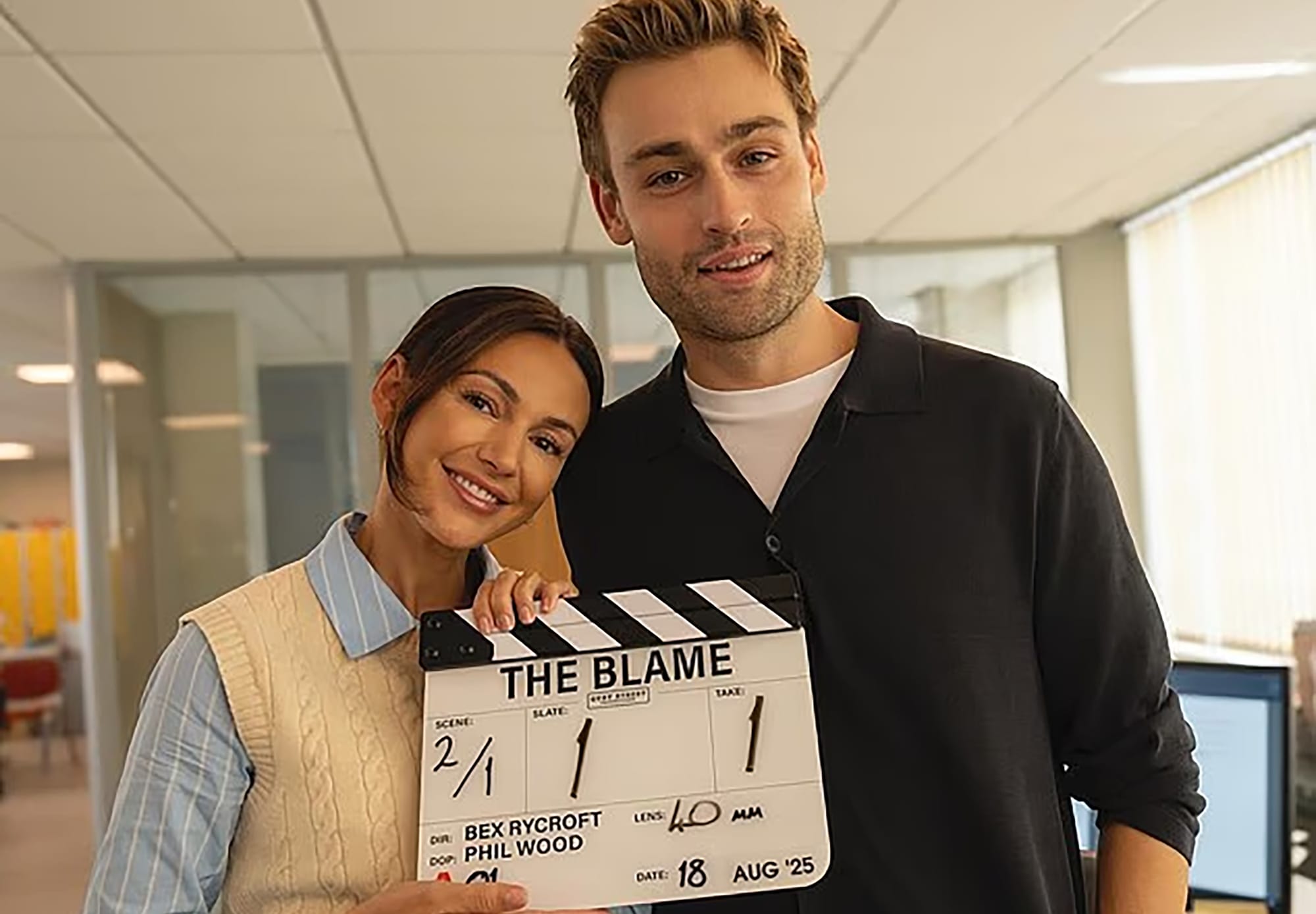 Michelle Keegan and Douglas Booth on the set of 'The Blame'