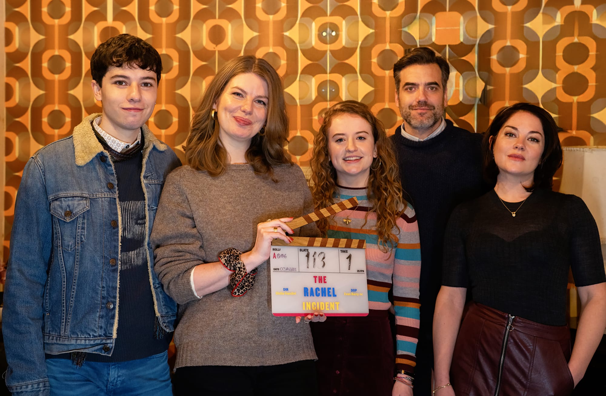 Ellis Howard, Caroline O'Donoghue, Máiréad Tyers, Daniel Ings, and Sarah Greene on the set of 'The Rachel Incident'