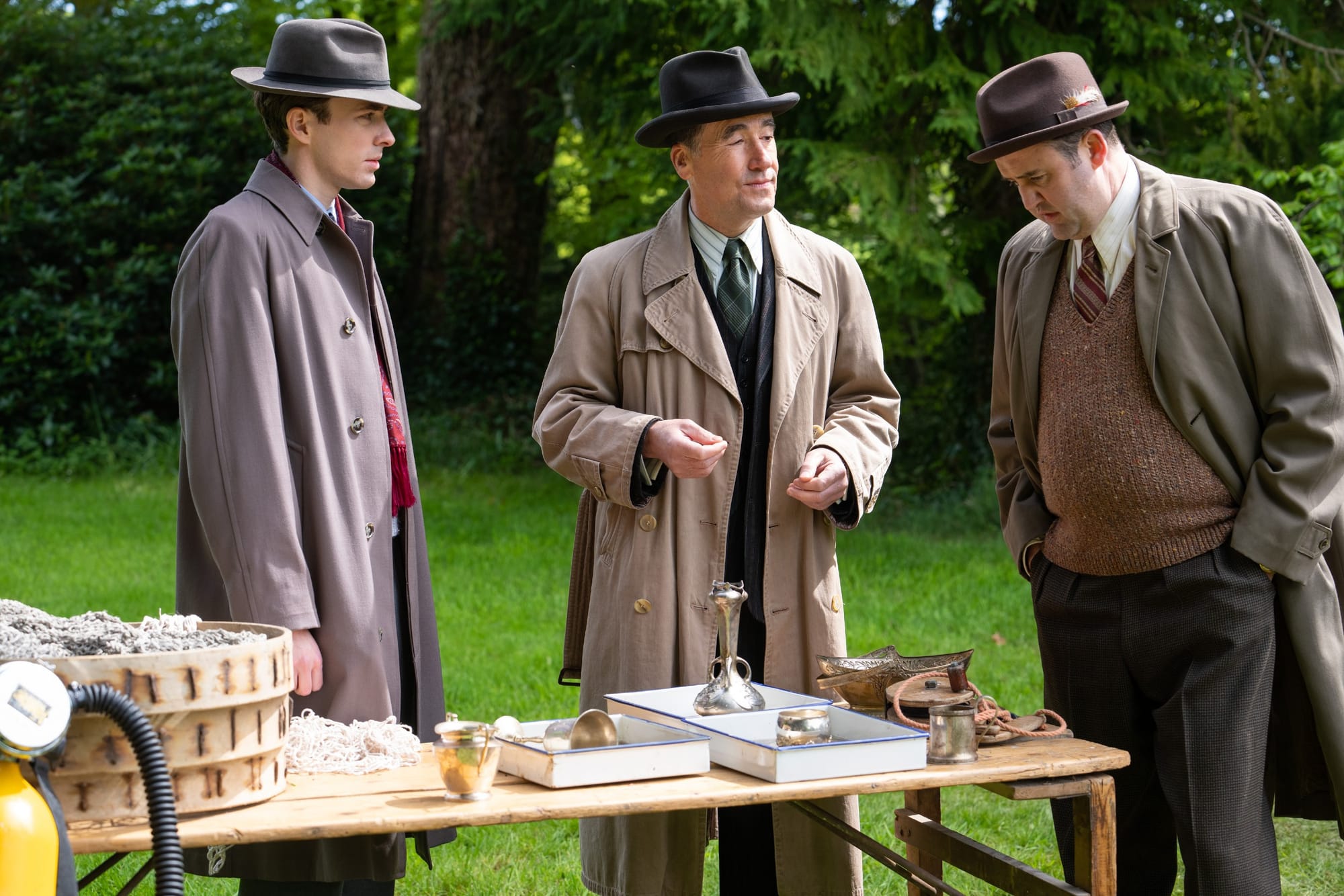 Matthew Beard as James Fraser, Tim McMullan as Atticus Pund and Daniel Mays as DI Chubb in PBS' 'Magpie Murders'