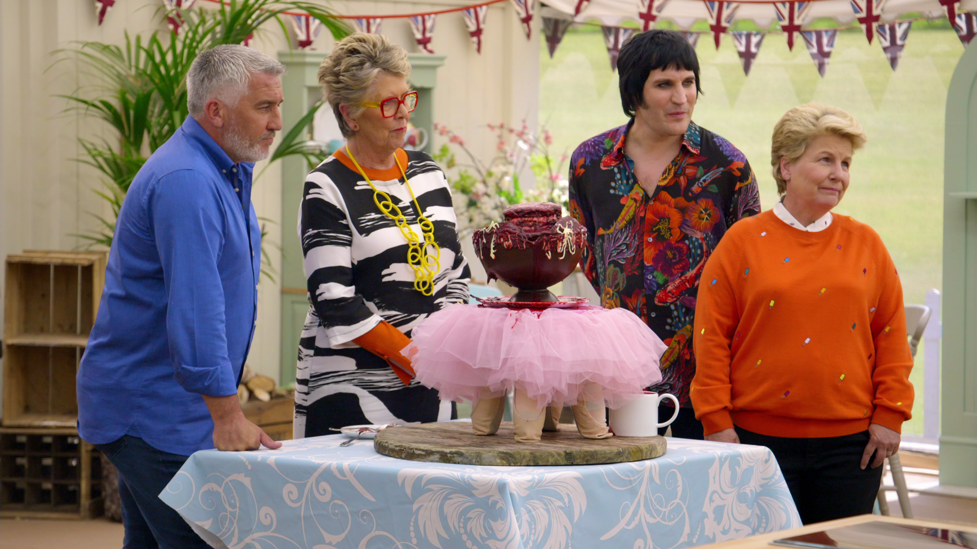 Paul Hollywood, Prue Leith, Noel Fielding, and Sandi Toksvig in The Great British Baking Show Season 8 