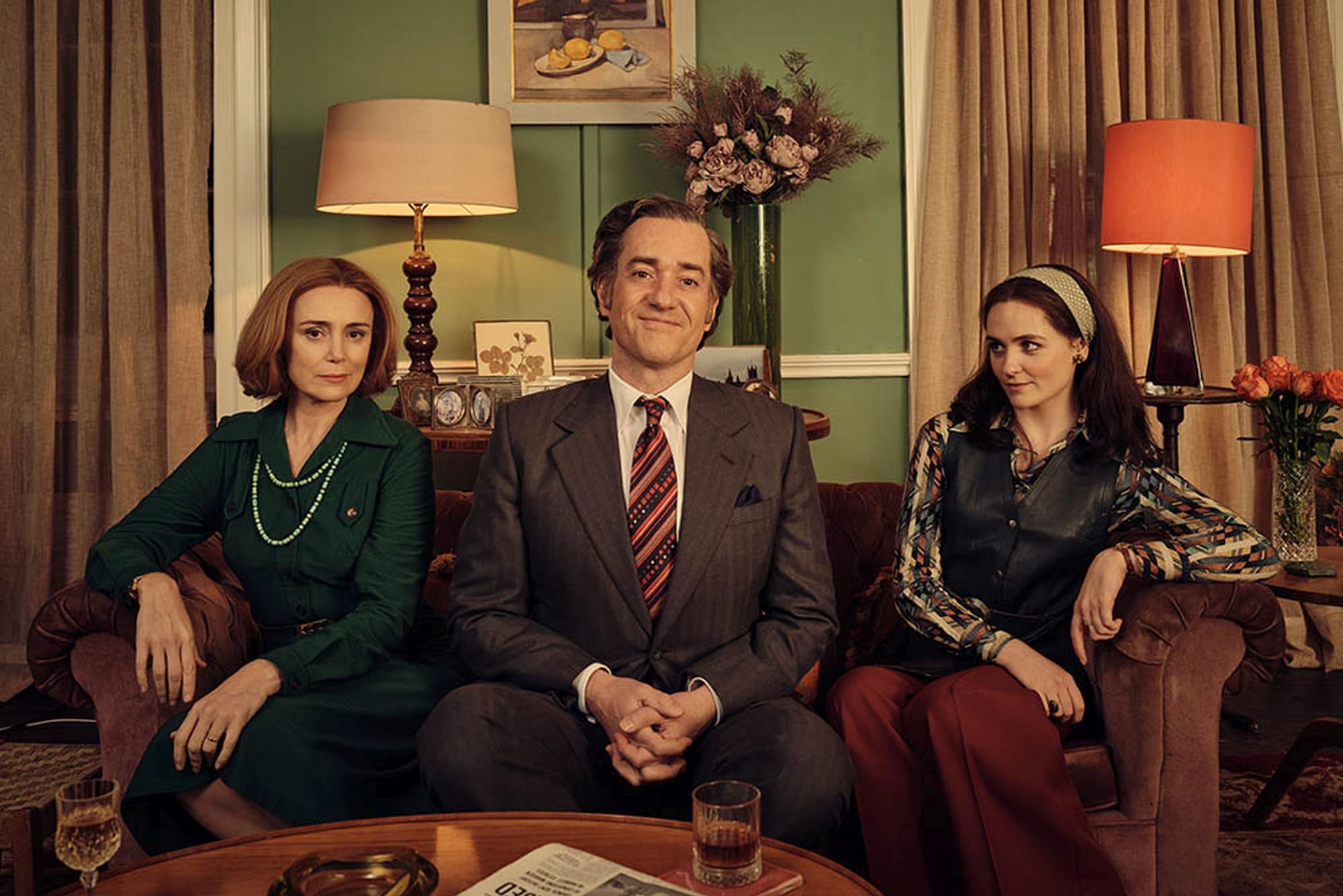 Keeley Hawes as Barbara Stonehouse, Matthew Macfadyen as John Stonehouse, and Emer Heatley as Sheila Buckley in 'Stonehouse'