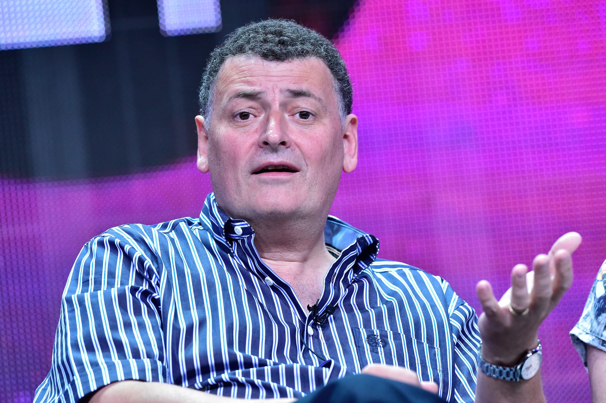 Steven Moffat at "Sherlock" panel at the Television Critics Association press tour in 2015&nbsp;