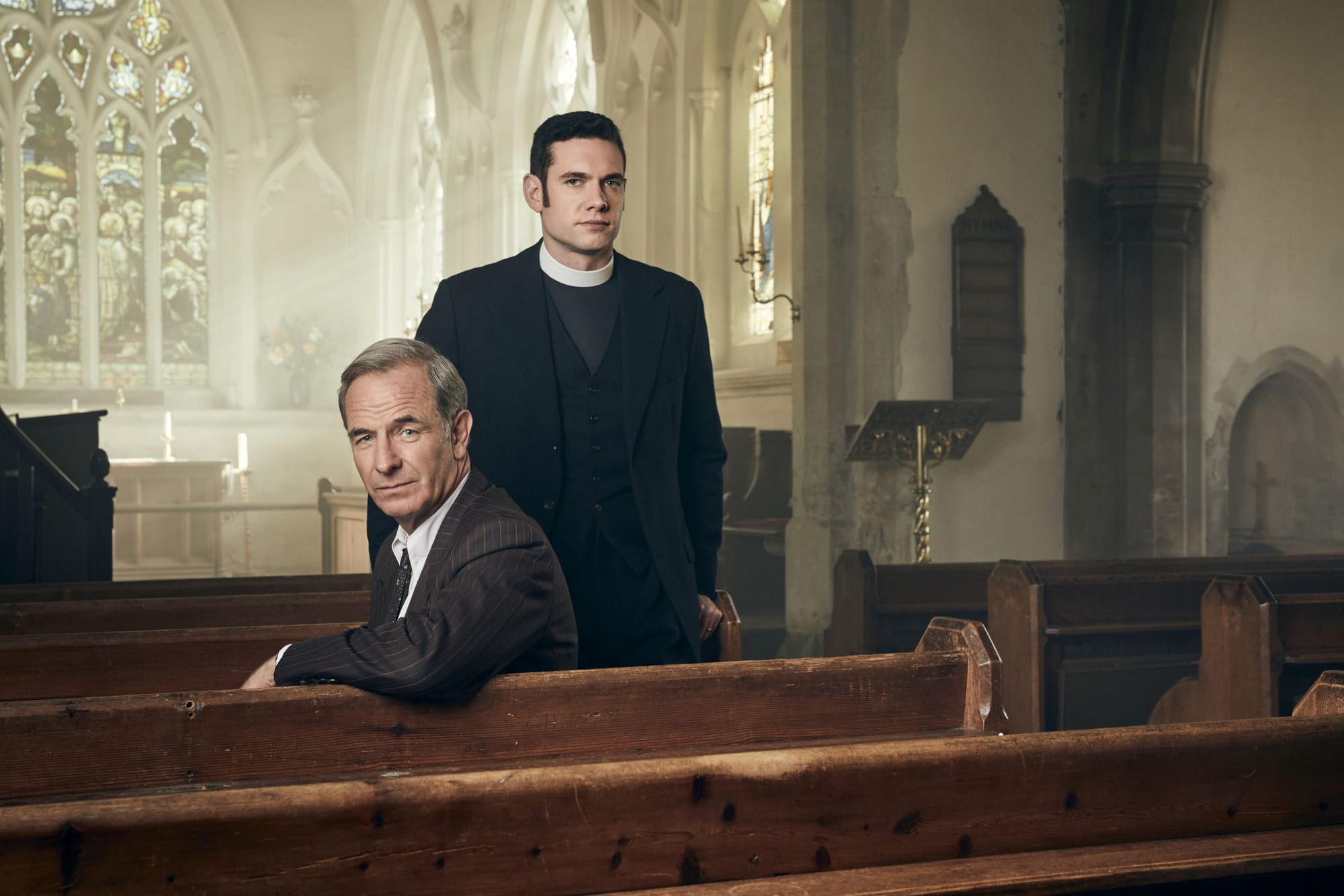Tom Brittney as Will Davenport and Robson Green as Geordie Keating in 'Grantchester' Season 8's Key Art 