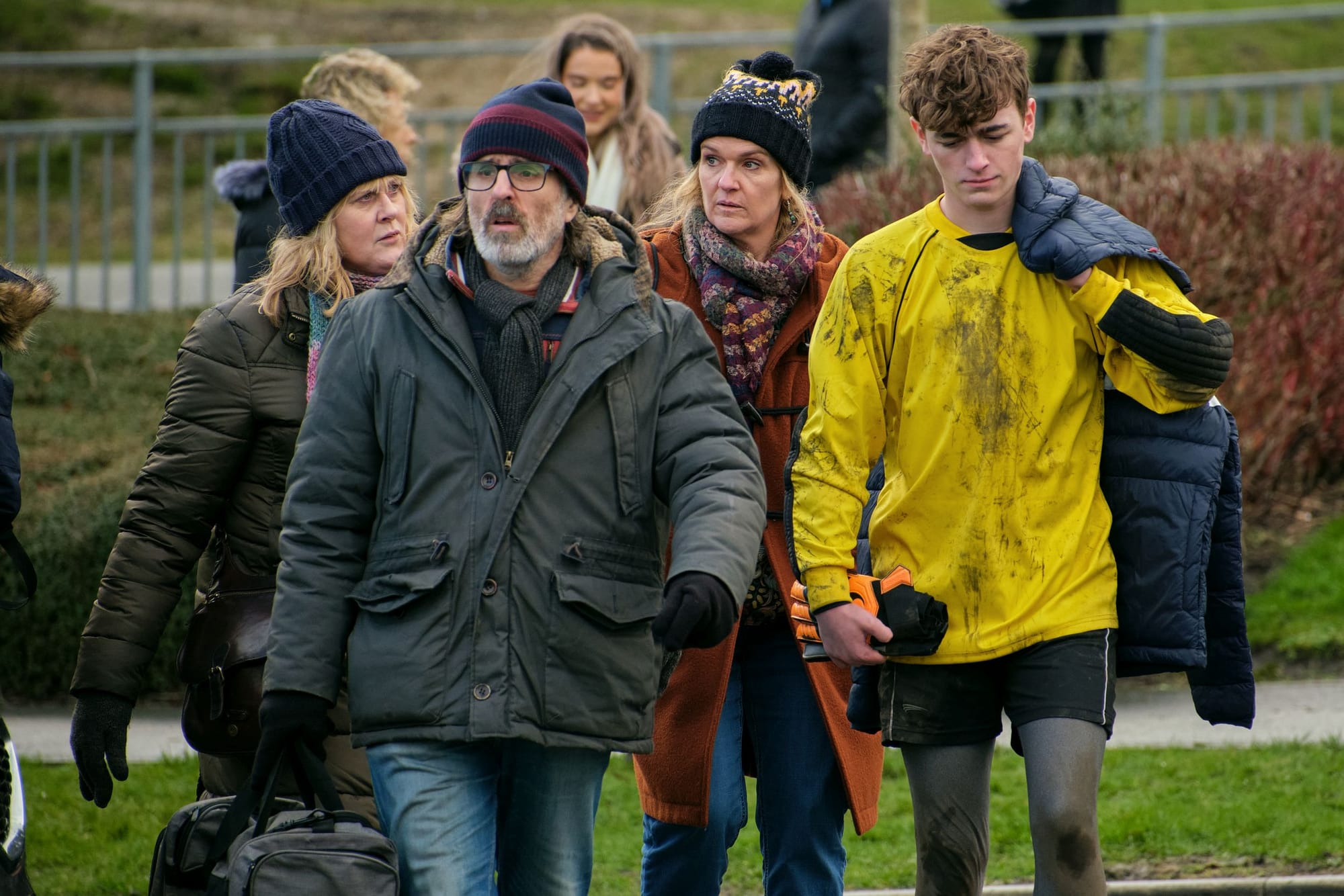 Sarah Lancashire as Catherine Cawood, Con O'Neill as Neil, Siobhan Finneran as Clare Cartwright, Rhys Connah as Ryan Cawood in Happy Valley Season 3