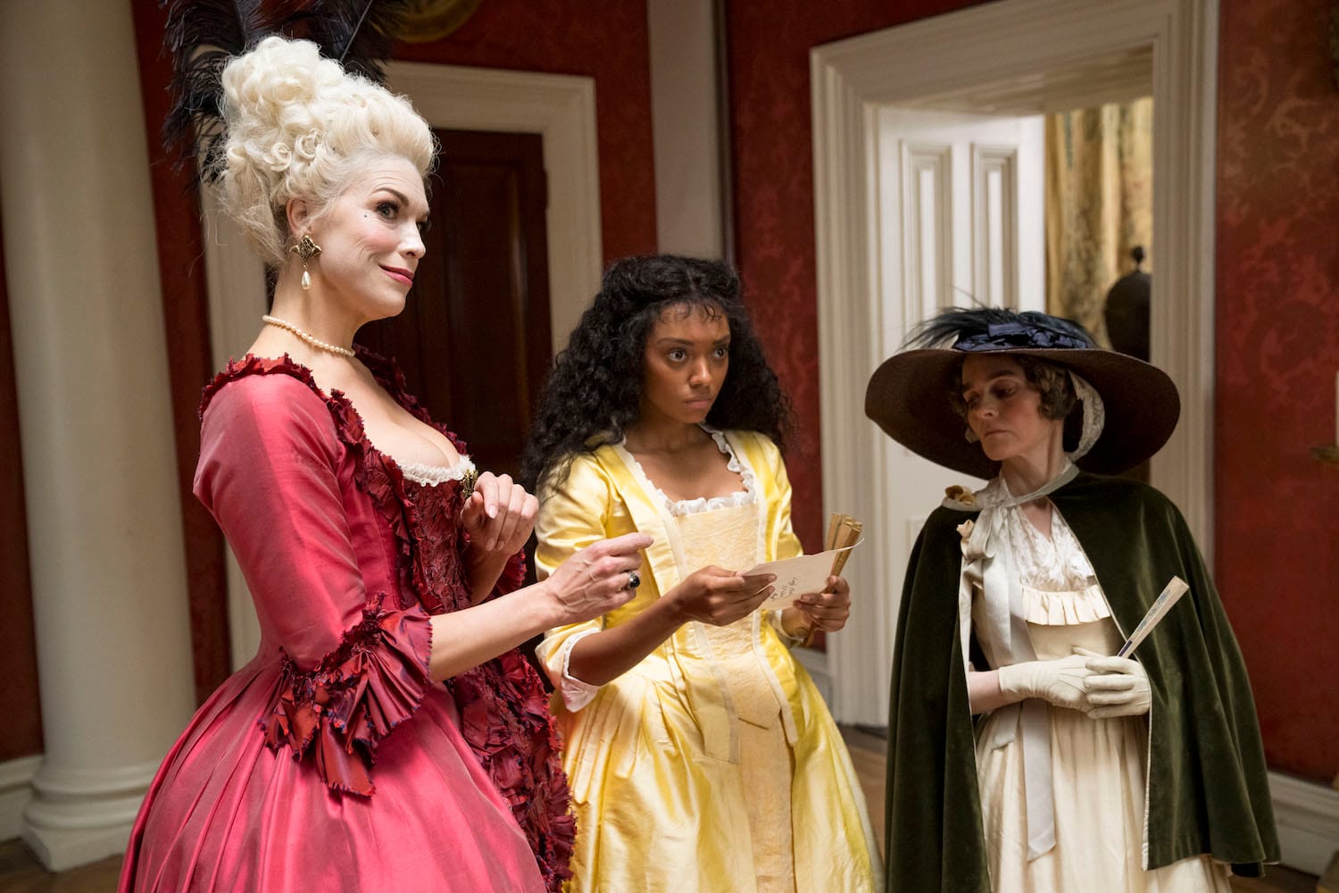 Lady Bellaston (Hannah Waddingham), Sophia (Sophie Wilde), and Aunt Western (Shirley Henderson).
