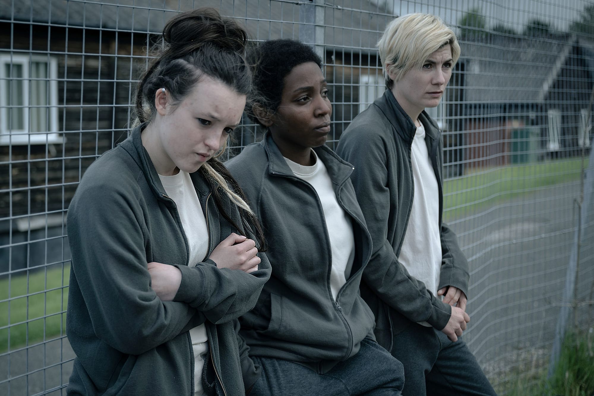 Bella Ramsey as Kelsey, Tamara Lawrance as Abi, and Jodie Whittaker as Orla in 'Time' Season 2