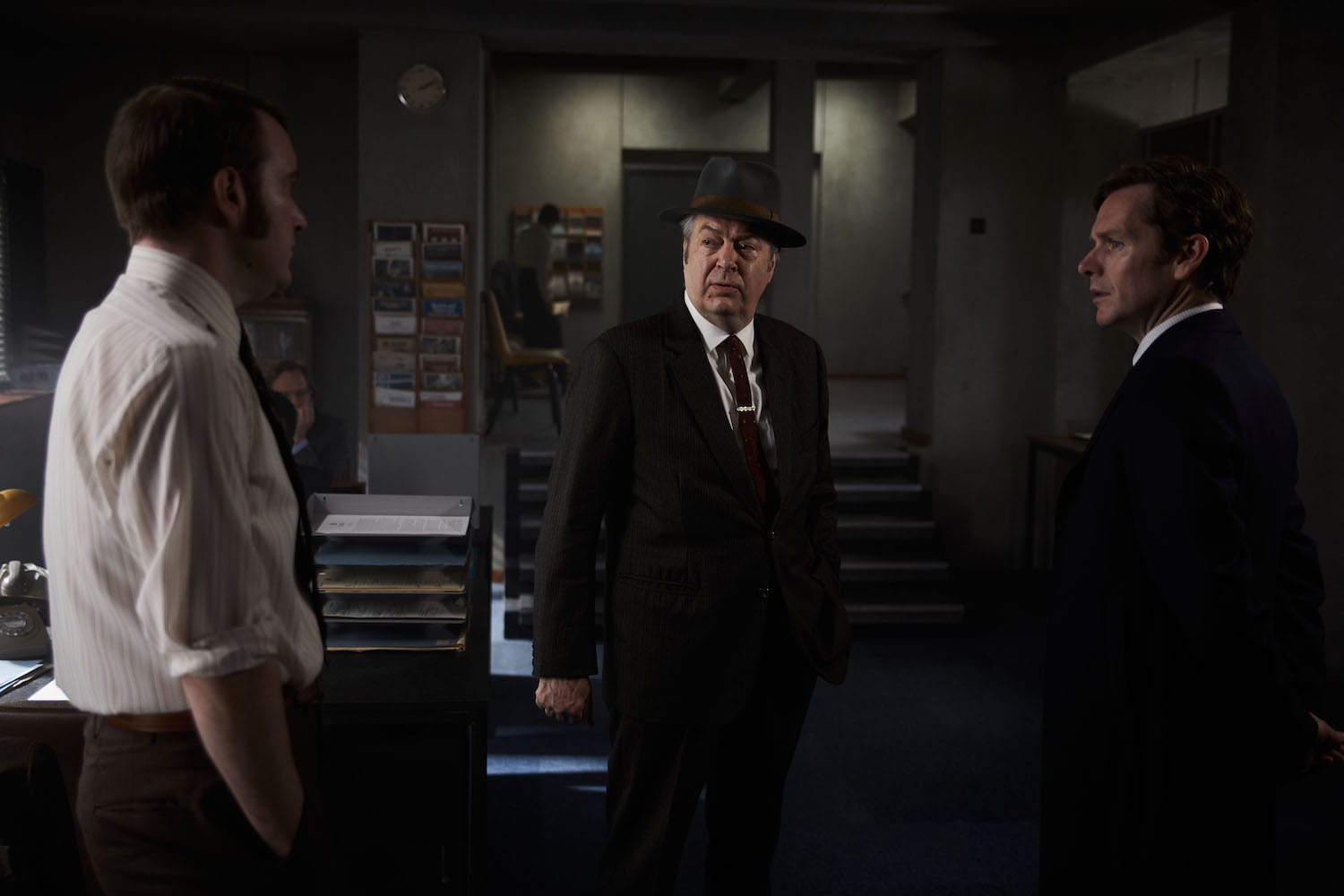 Jim Strange (Sean Rigby), Fred Thursday (Roger Allam), and Morse (Sean Evans).