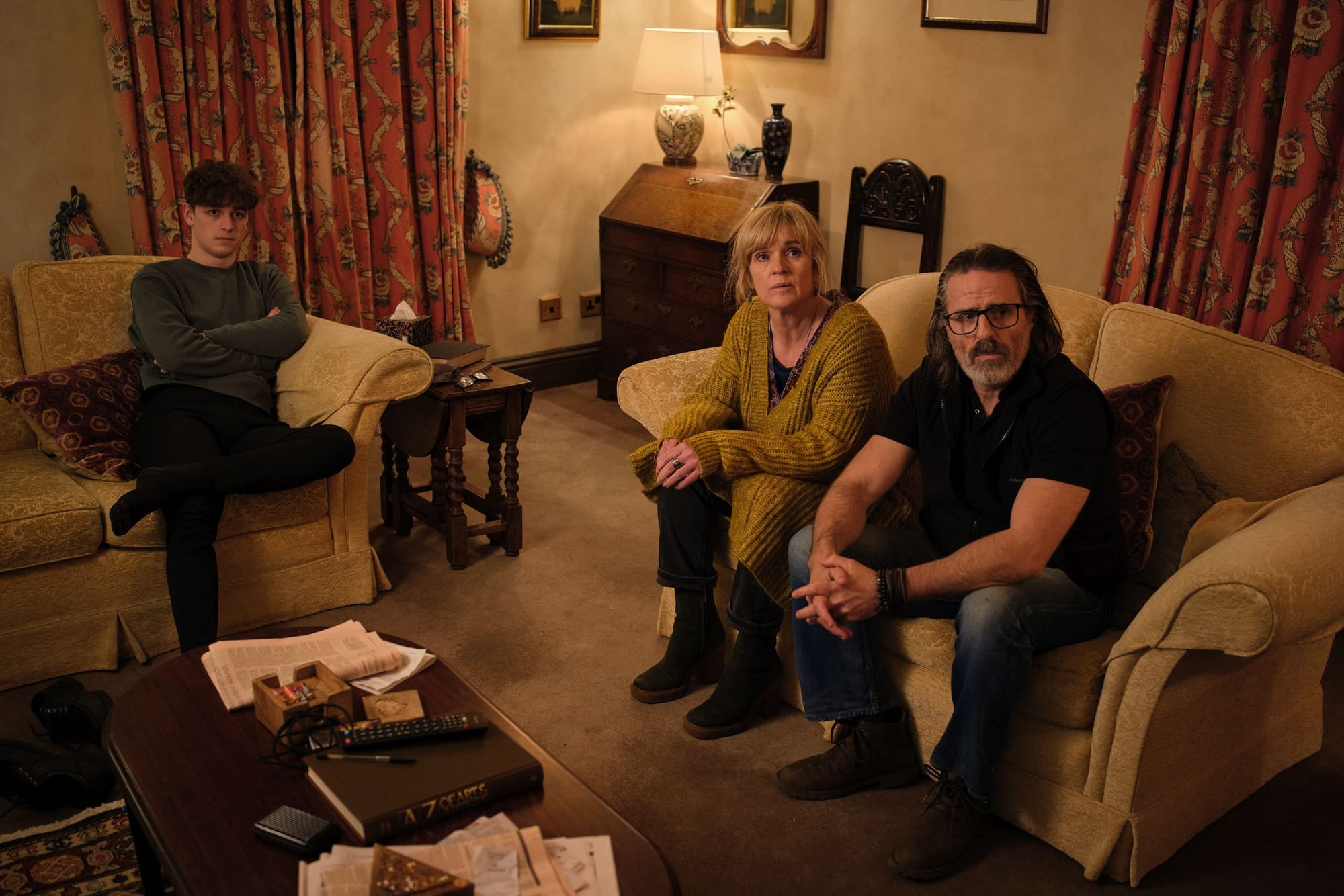 Con O'Neill as Neil, Siobhan Finneran as Clare Cartwright, and Rhys Connah as Ryan Cawood in Happy Valley Season 3