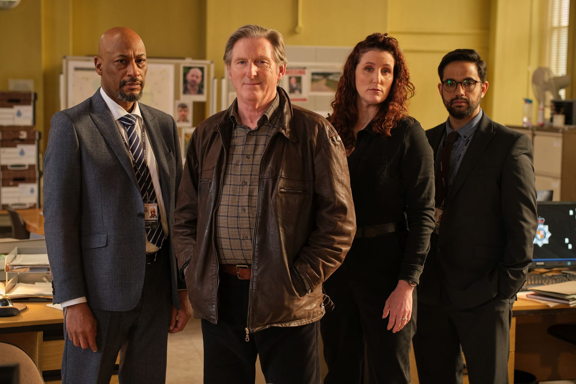 Terence Maynard as DCI Paul Goodwin, Adrian Dunbar as Alex Ridley,&nbsp;Bronagh Waugh as DI Carol Farman, and&nbsp;George Bukhari as DC Darren Lakhan&nbsp;in Ridley Season 1