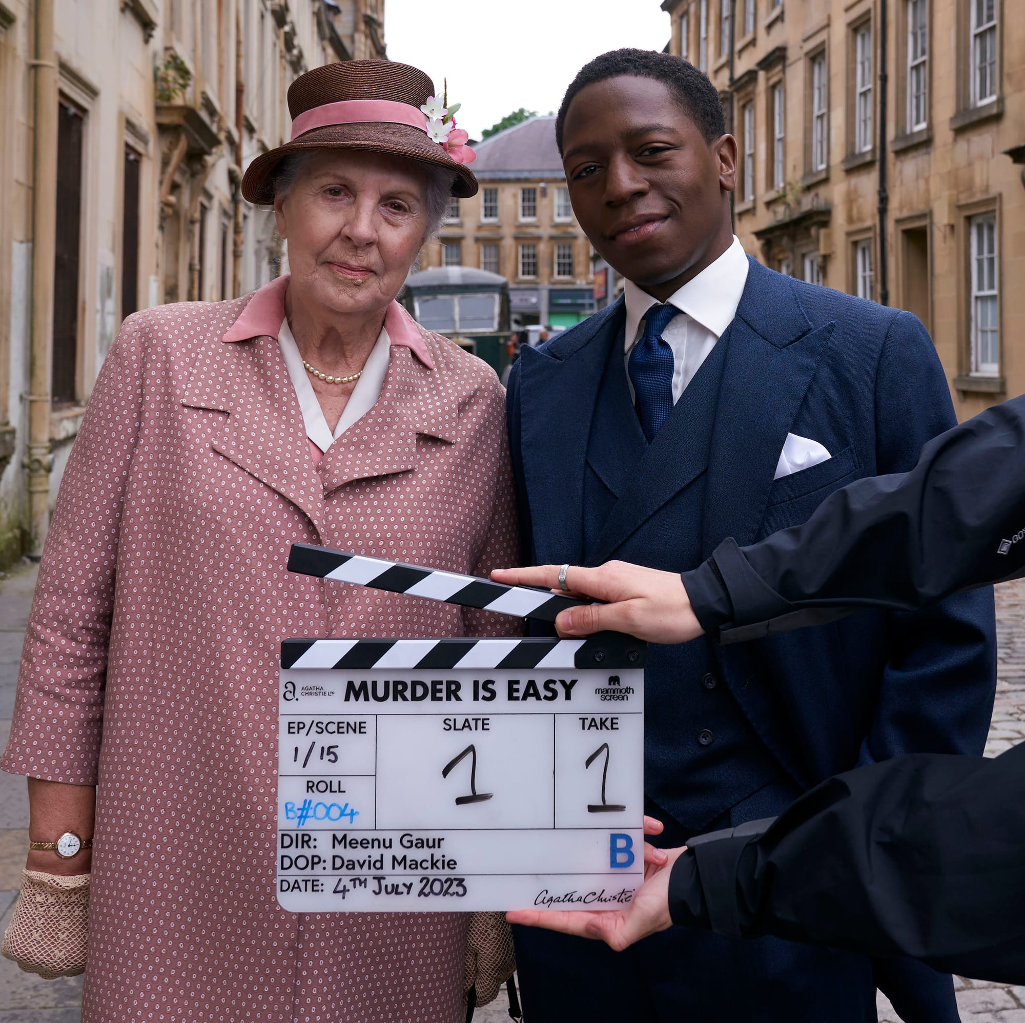 Penelope Wilton and David Jonsson on the set of Agatha Christie's 'Murder Is Easy'