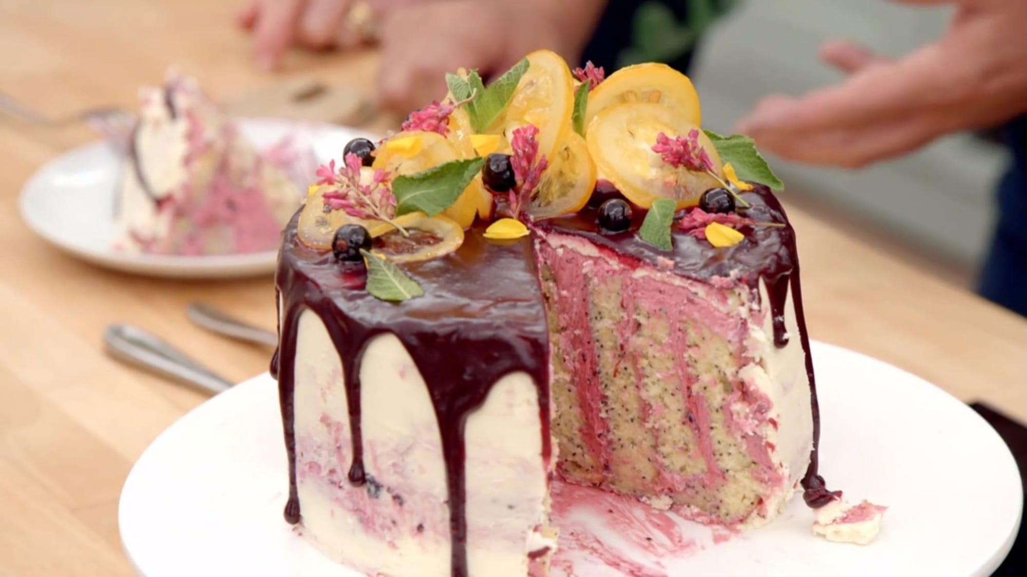 Abbi's Foraged Wild Poppy Seed, Lemon &amp; Blackcurrant Vertical Layer Cake from the Cake Week Signature Challenge in&nbsp;The Great British Baking Show
