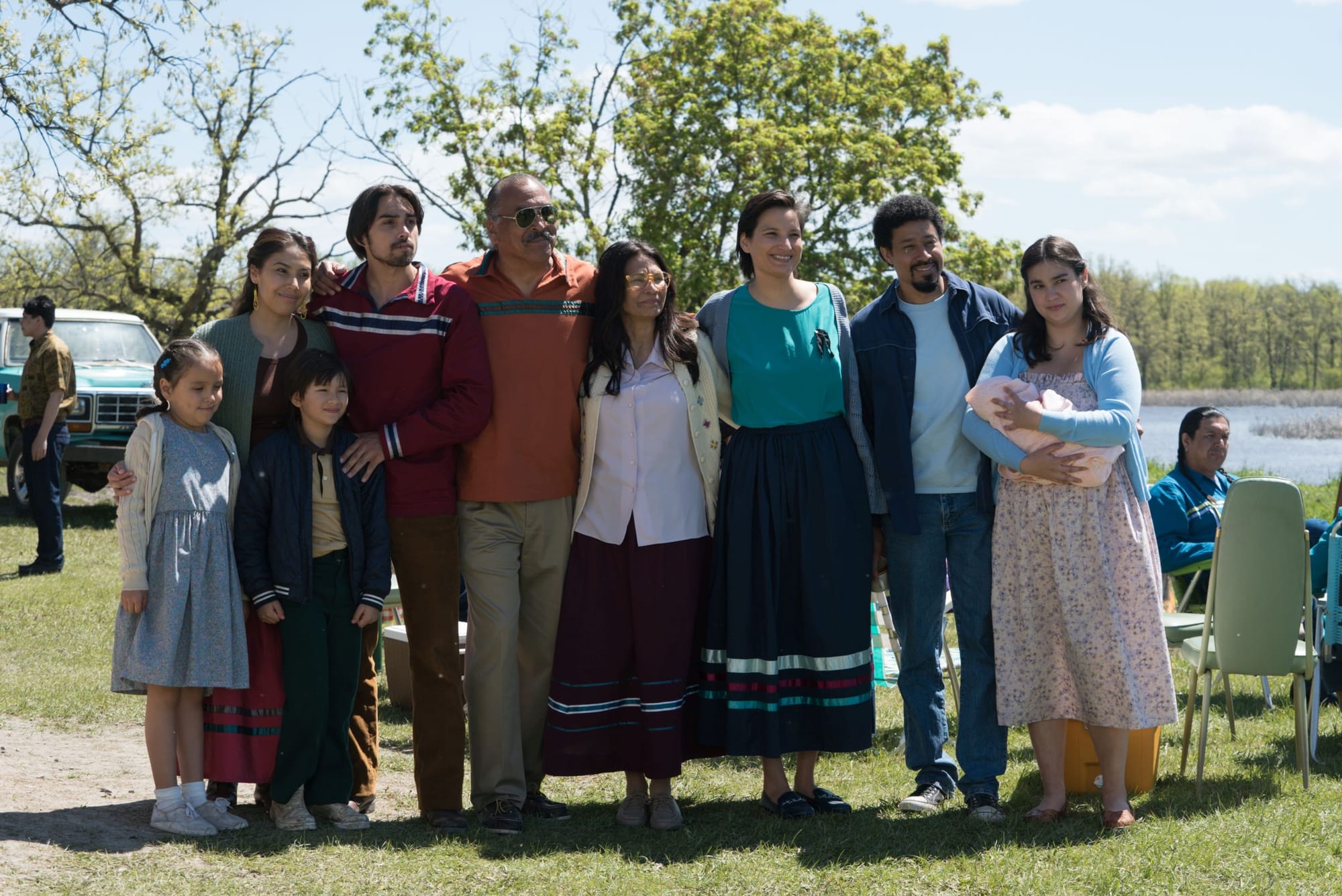 Aila-Sofia Tailfeathers as Maggie, Saul Elias as River, Ivana Yellowback as Yvonne, Braeden Clarke as Leo, Eric Schweig as Asin, Michelle Thrush as Brigit, Darla Contois as Esther, Mark Taylor as Doug and Imagyn Cardinal as Dora in 'Little Bird'
