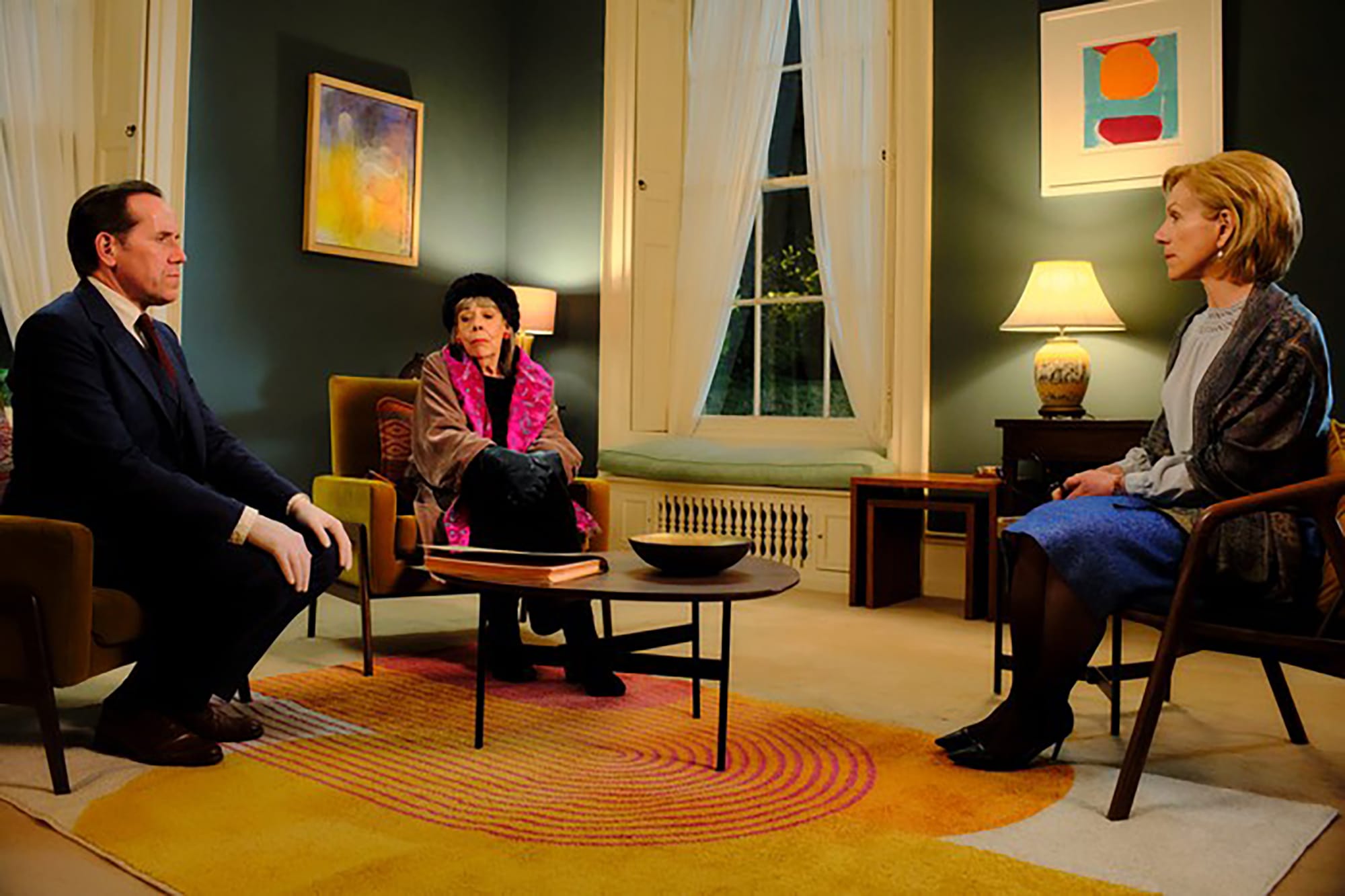 Ben Miller as Jasper Tempest, Frances de la Tour as Adelaide Tempest, and Juliet Stevenson as Dr. Helena Goldberg in Professor T Season 2