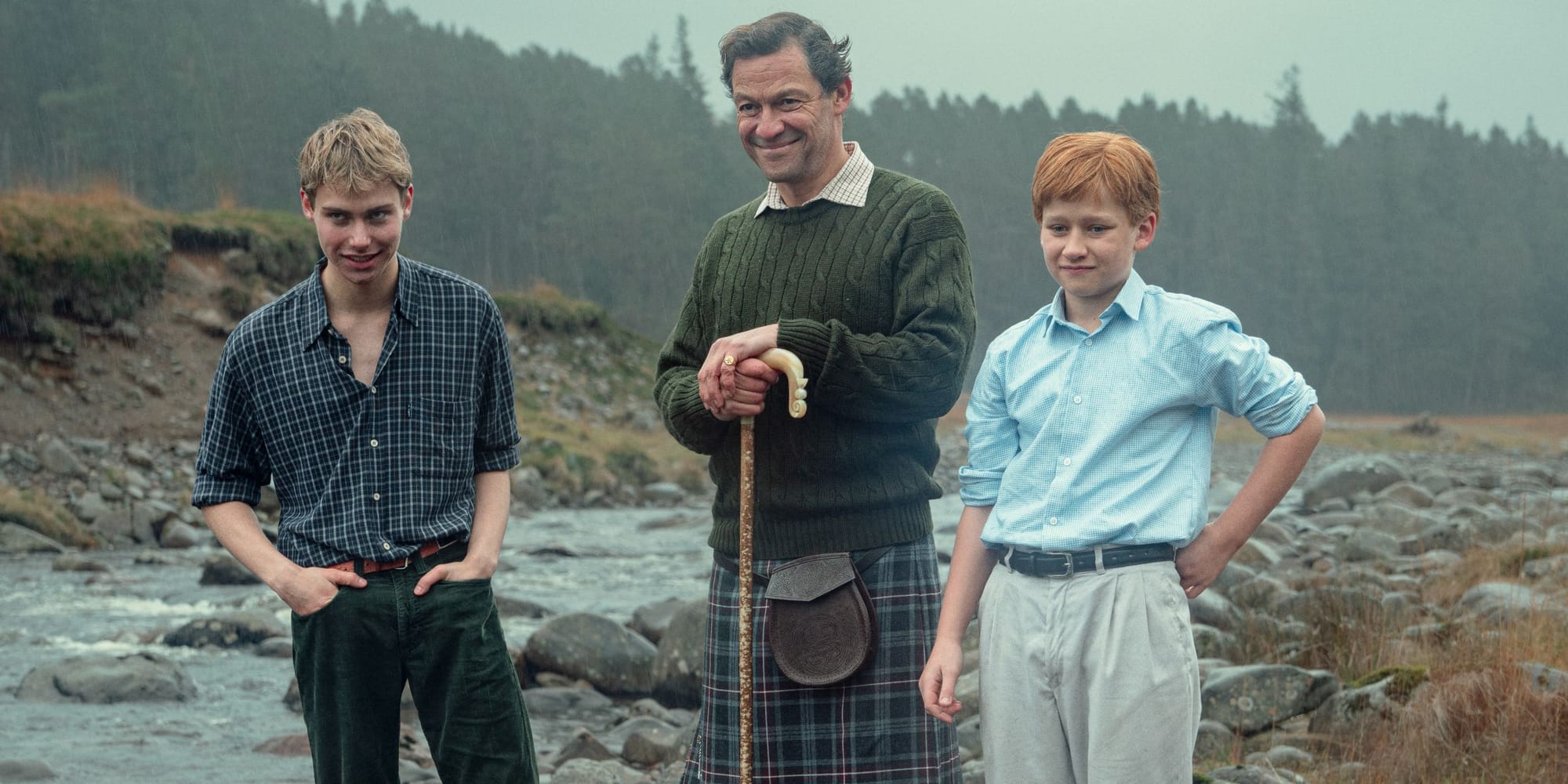 Rufus Kampa as Prince William, Dominic West as Prince Charles, Fflyn Edwards as Prince Harry in 'The Crown' Season 6