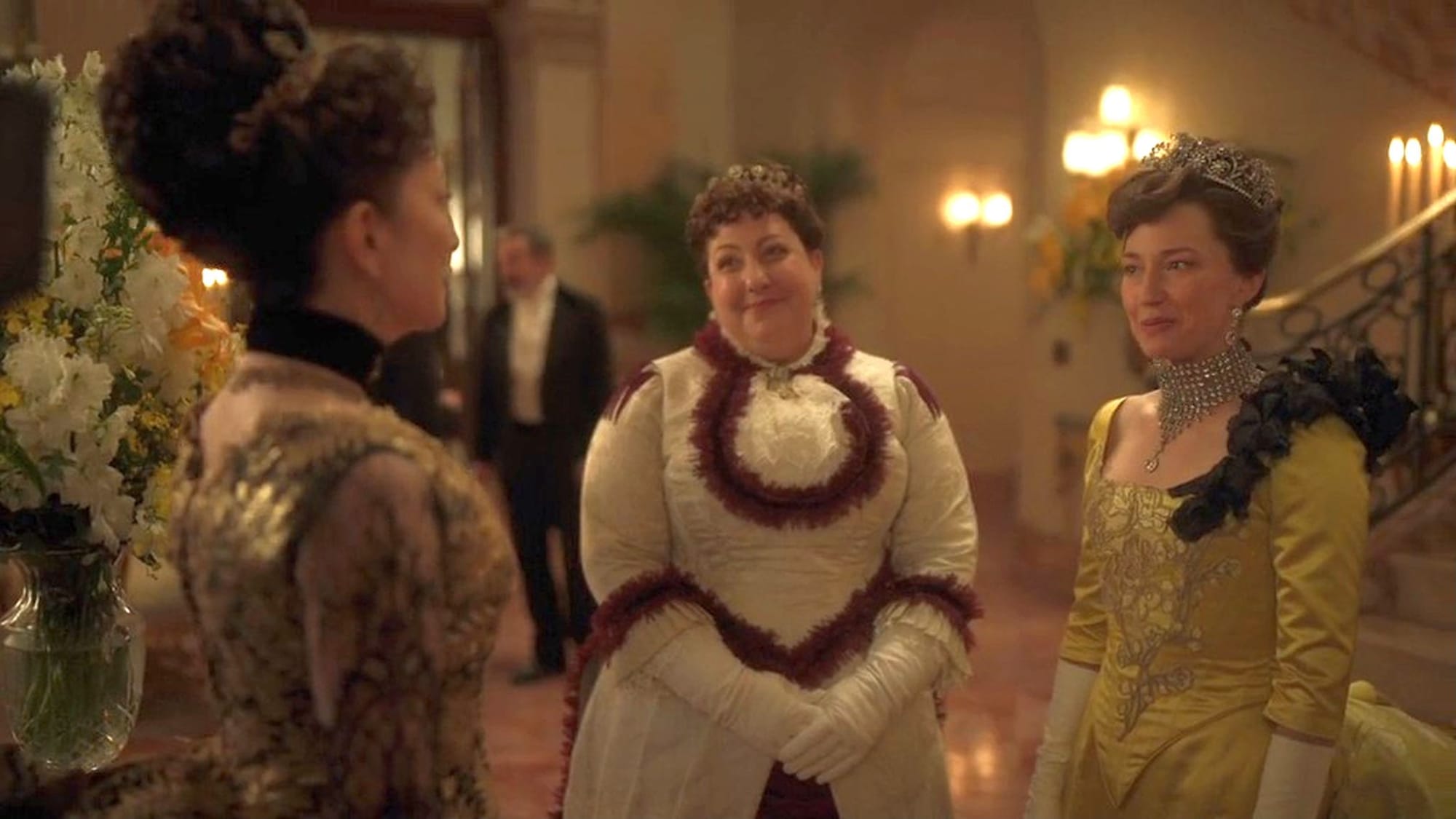 Donna Murphy as Mrs. Astor, Ashlie Atkinson as Mamie Fish, and Carrie Coon as Bertha Russell in 'The Gilded Age' Season 2 