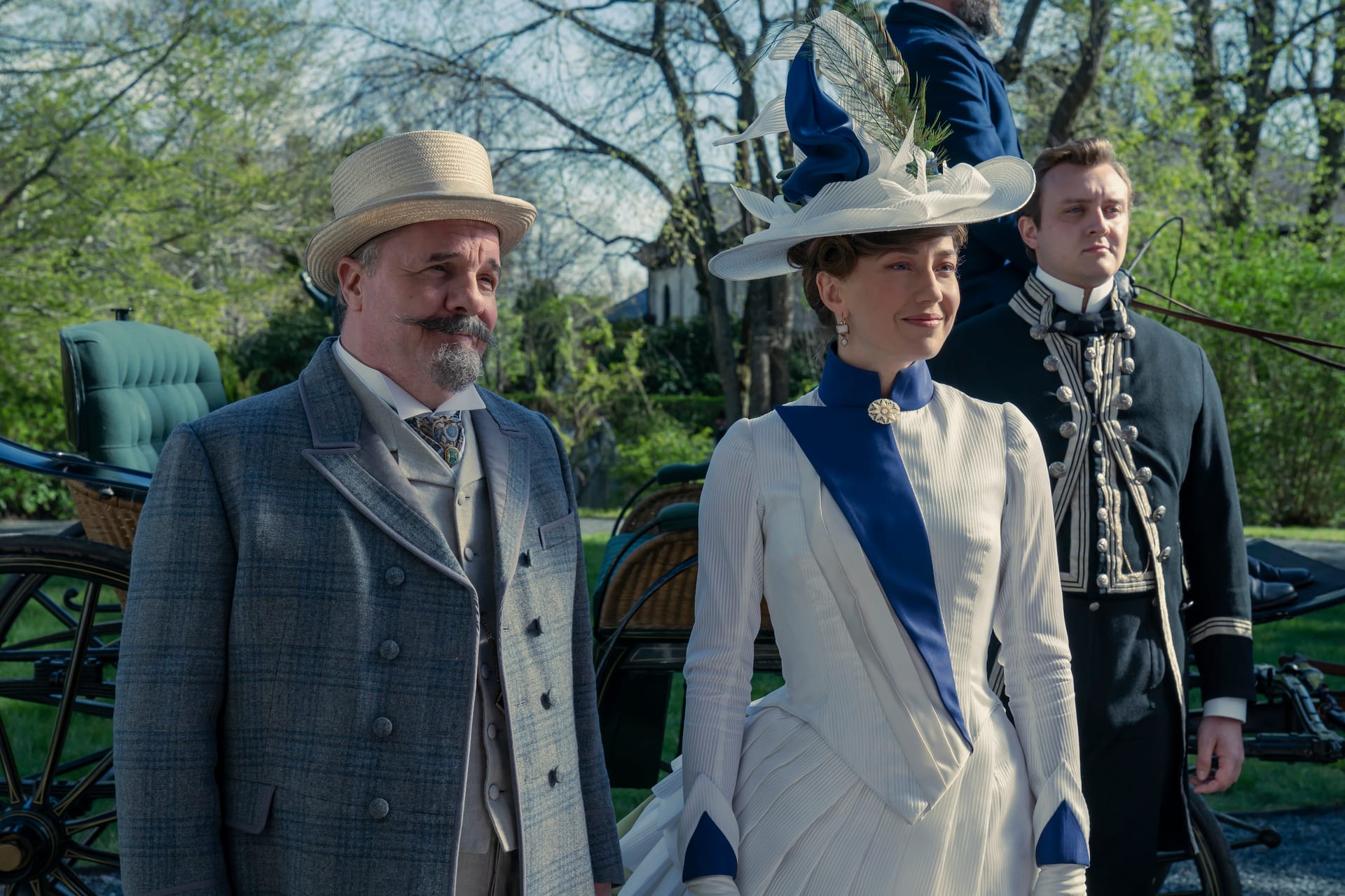 Carrie Coon as Bertha Russell and Nathan Lane as Ward McAllister in The Gilded Age Season 2