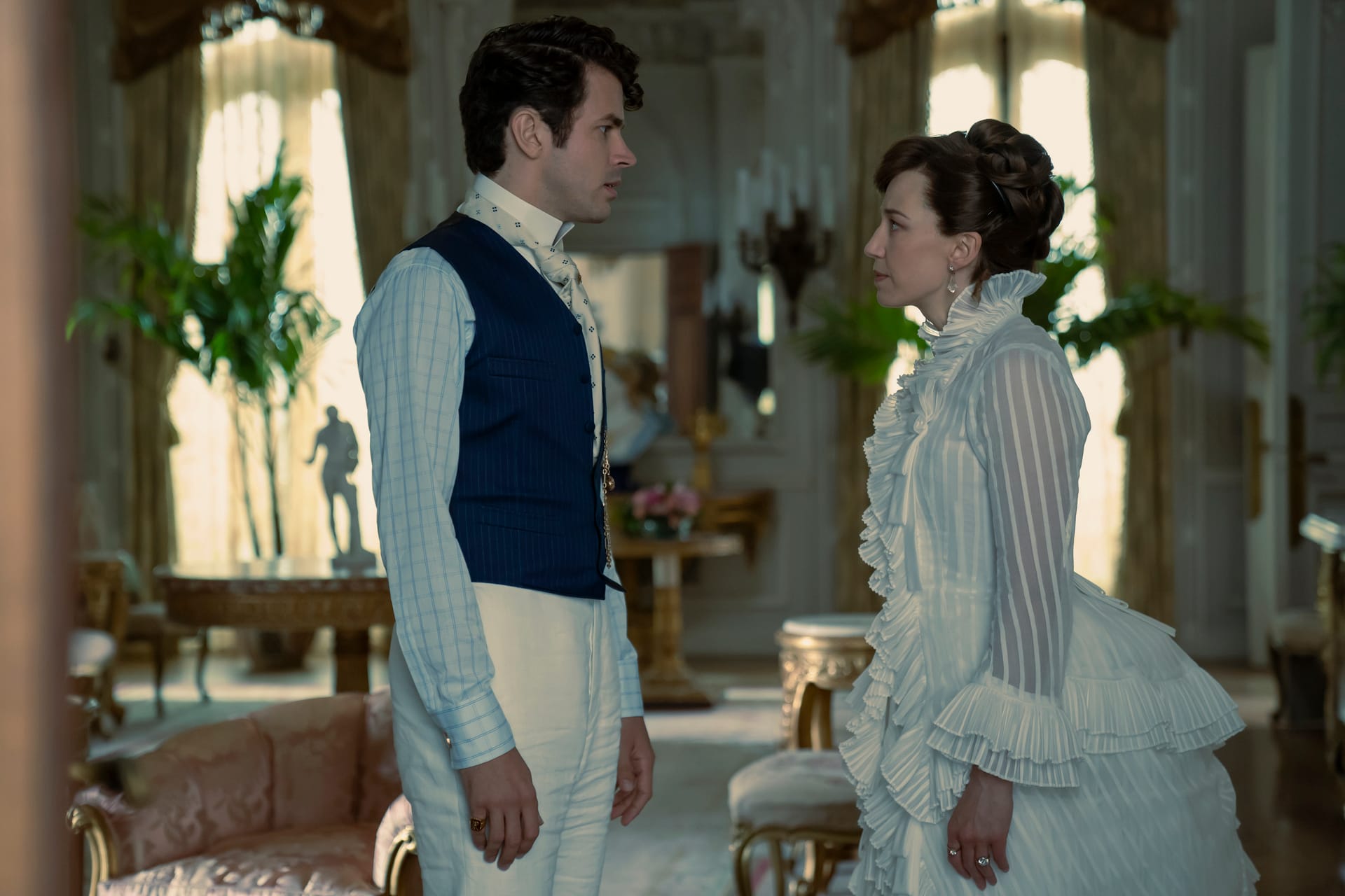 Harry Richardson as Larry Russell and Carrie Coon as Bertha Russell in 'The Gilded Age' Season 2