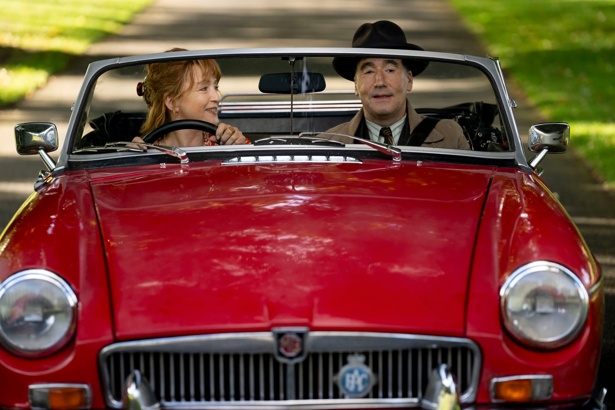 Lesley Manville as Susan Ryeland and Timothy McMullan as Atticus Pünd in 'Moonflower Murders'