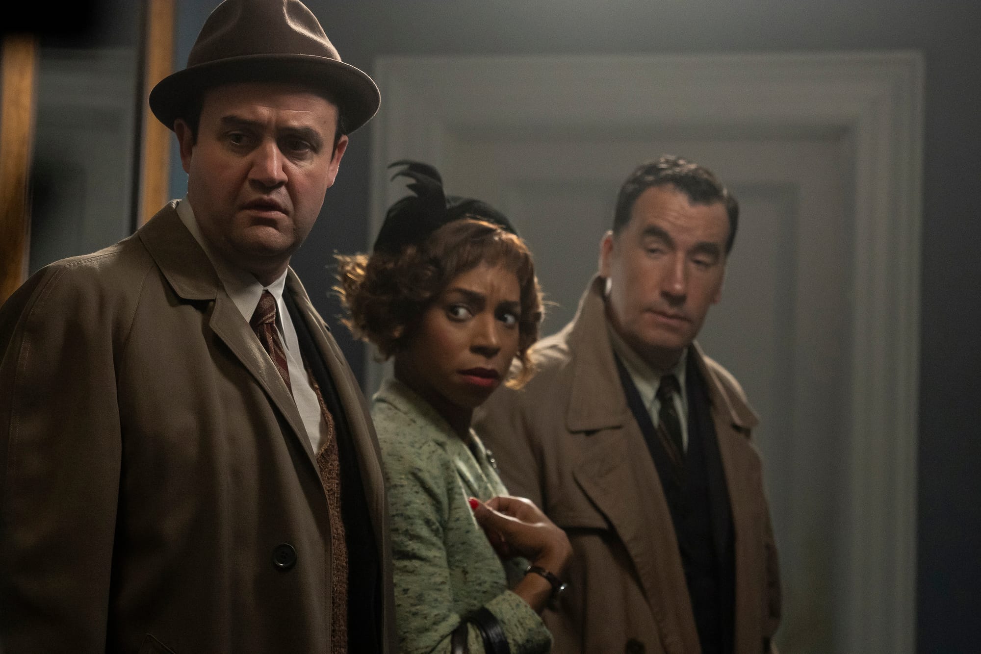 Daniel Mays as Locke/Chubb, Pippa Bennett-Warner as Madeline, and Tim McMullan as Atticus Pünd in 'Moonflower Murders'