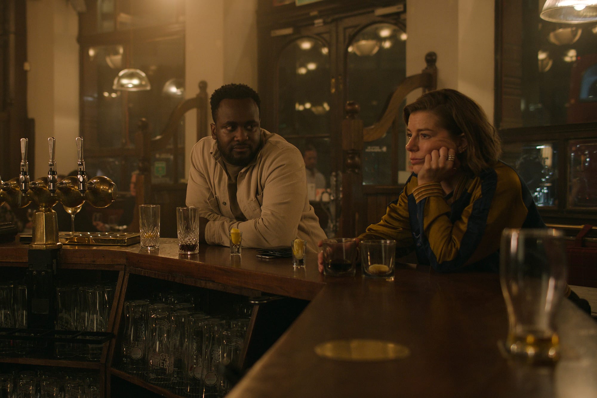 Kadiff Kirwan as Marcus Longridge and Aimee-Ffion Edwards as Shirley Dander in Slow Horses Season 3