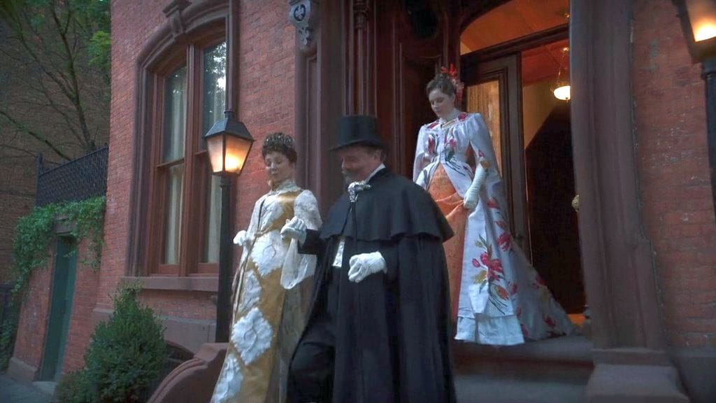 Donna Murphy as Mrs. Astor, Nathan Lane as Ward McAllister, and Amy Forsyth as Carrie Astor in The Gilded Age Season 2 finale&nbsp;