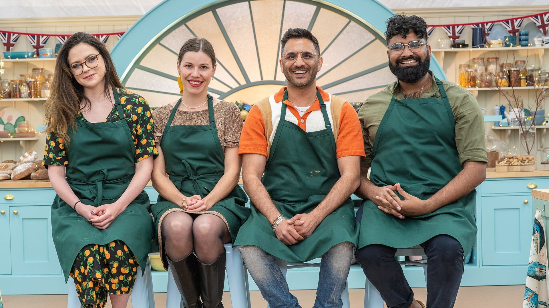 Lottie Bedlow, Manon Lagrève, Chigs Parmar, and Antony Amourdoux in 'The Great Festive Baking Show 2023' 