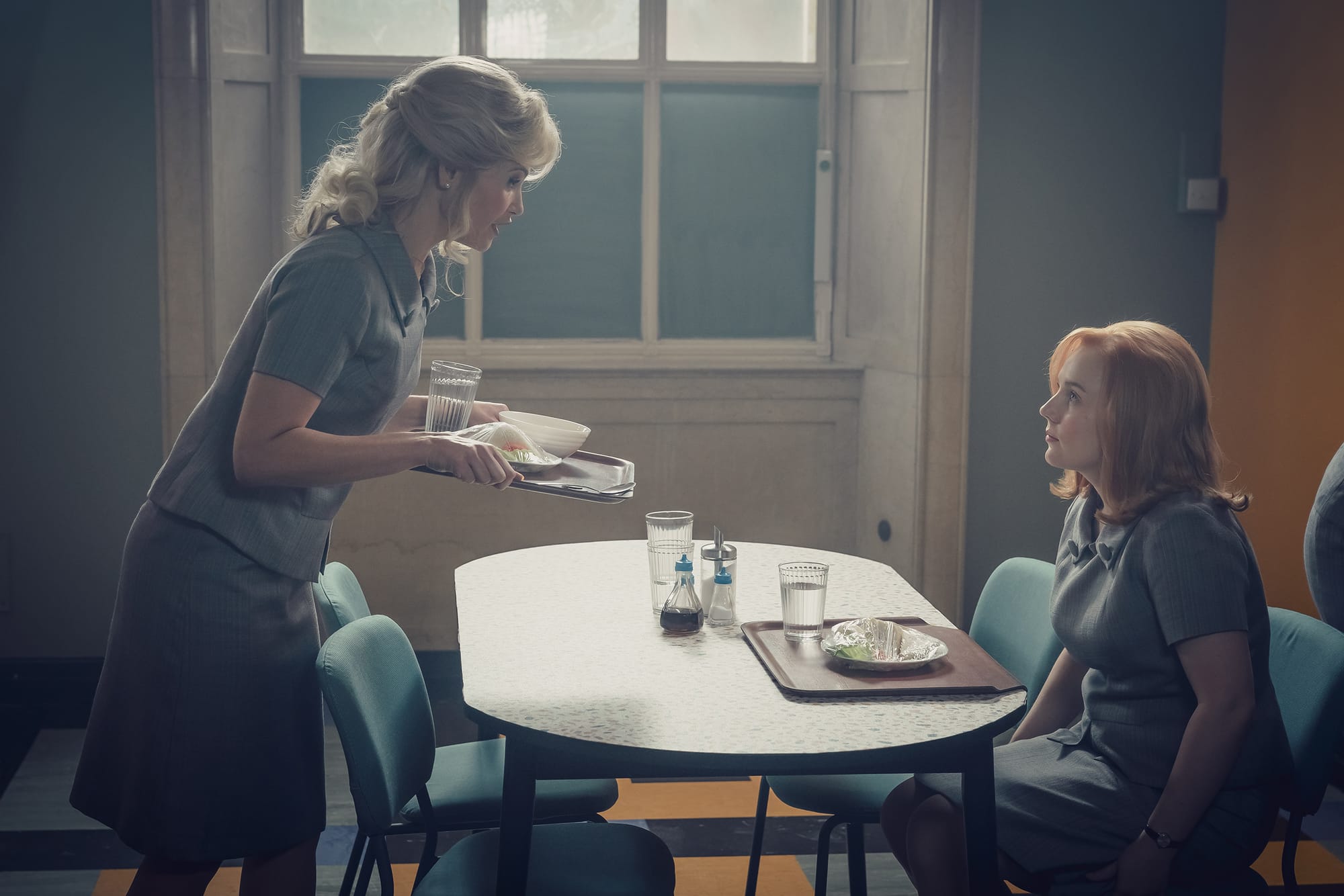 Gemma Arterton as Barbara Parker and Alexa Davies as Marj Harrison eat lunch together at work in 'Funny Woman's series premiere