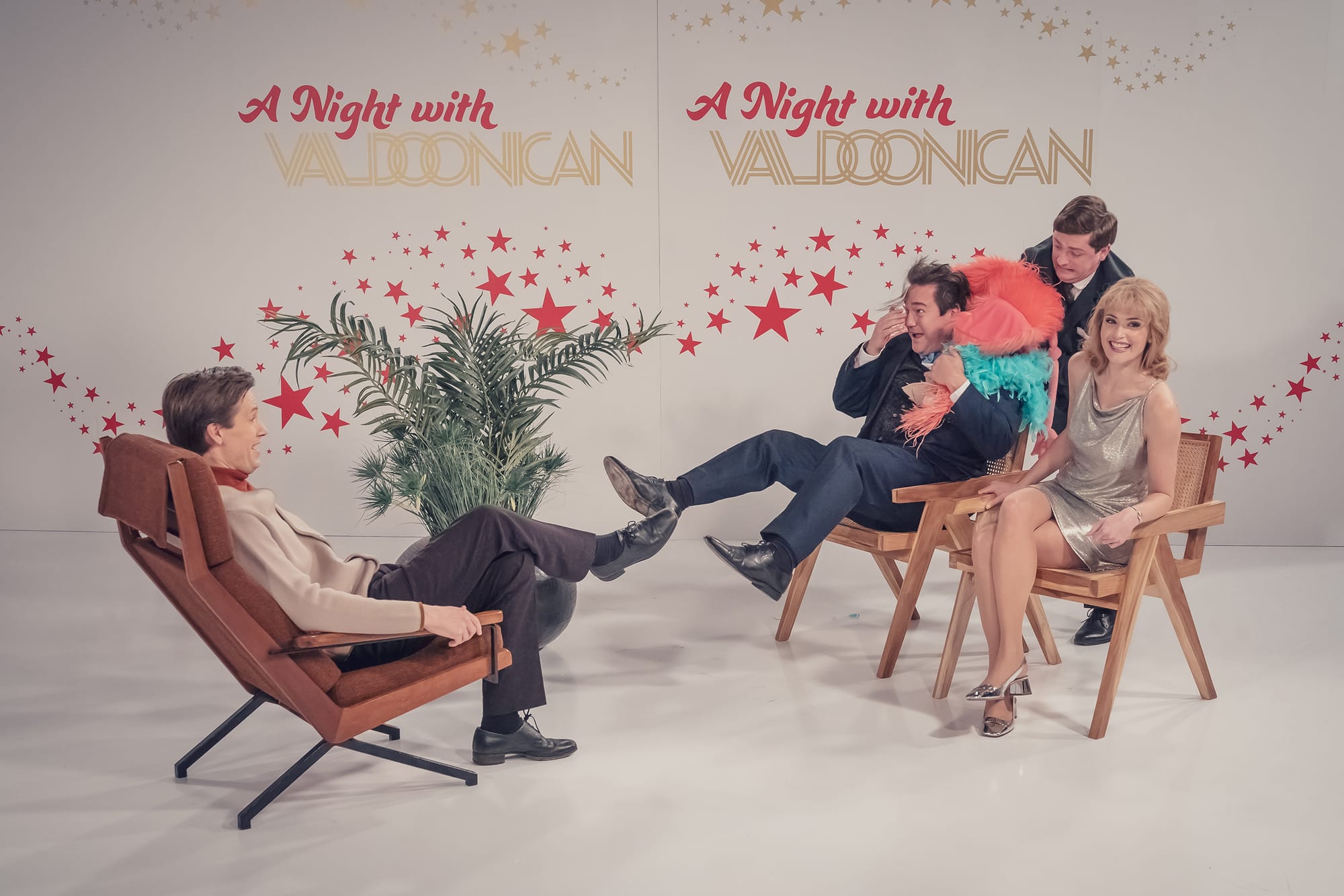 Mike Prior as Val Doonican, Kenneth Collard as Burt Redwood, and Gemma Arterton as Sophie Straw in Funny Woman Season 1