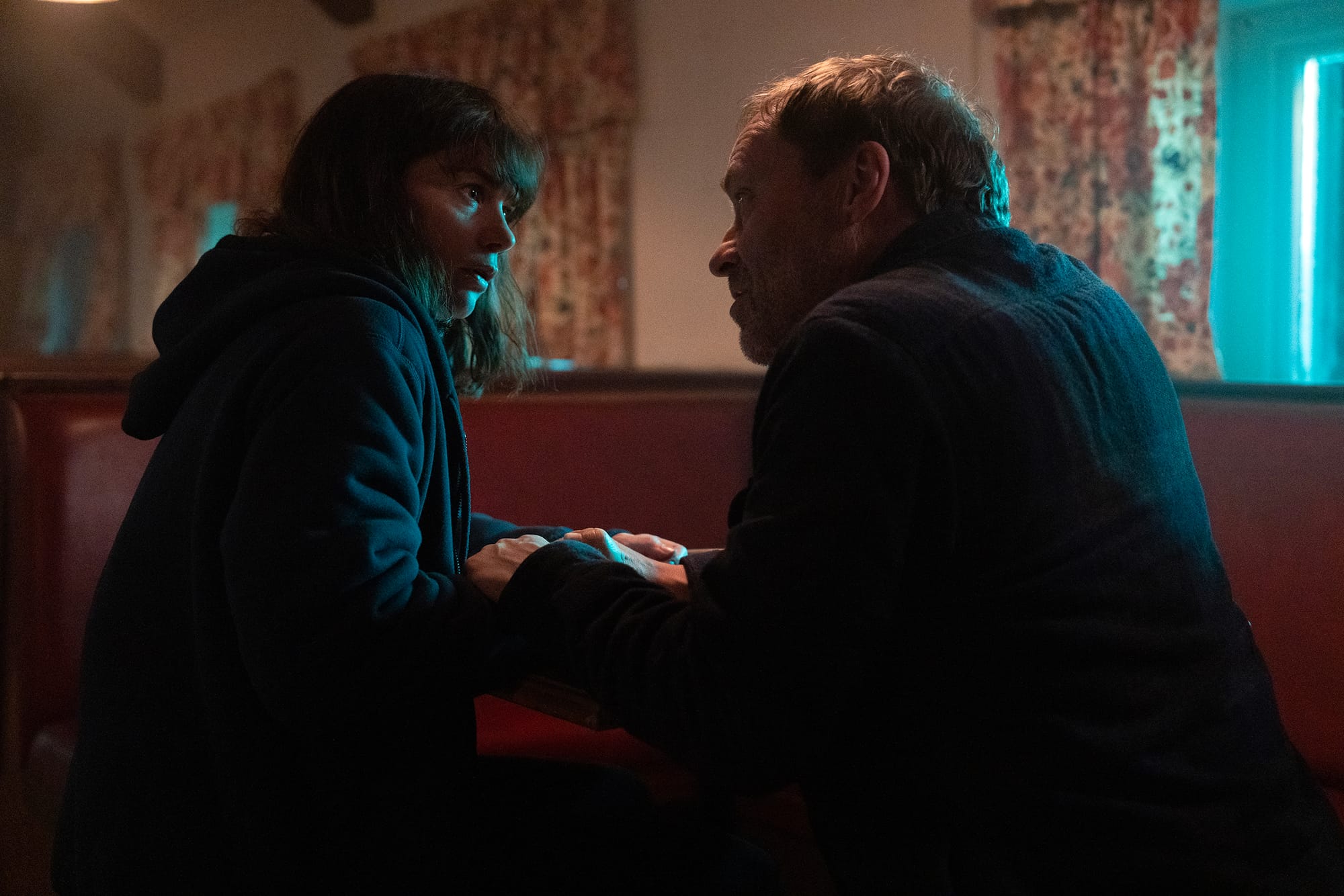 Ruth Wilson as Lorna and Ardal O'Hanlon as Dara in The Woman in the Wall Season 1