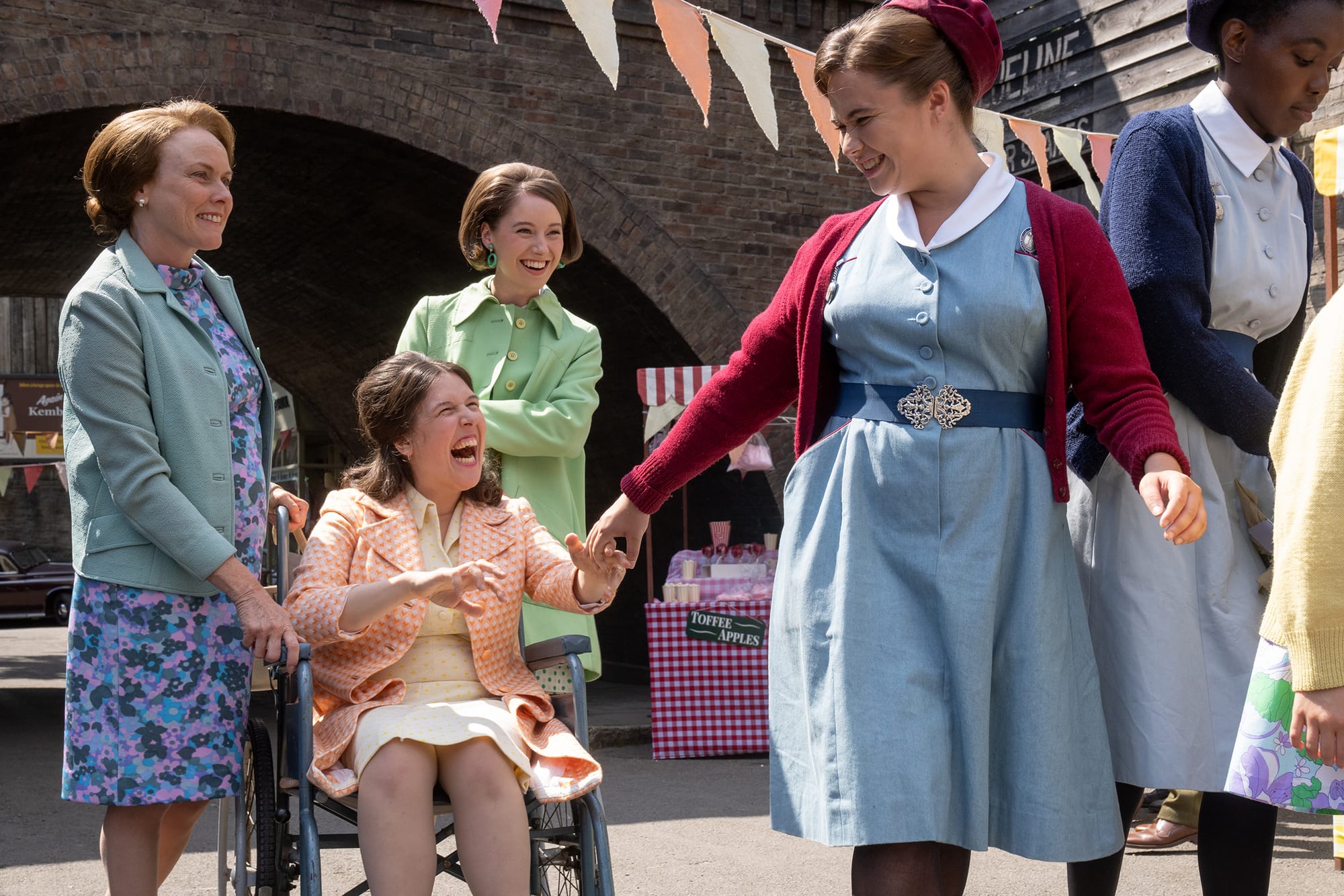 Jennifer Hennessy, Rosie Jones, and Georgia Alexandra as sisters Ada, Doreen, and Anne Challis and Megan Cusack as Nancy Corrigan in 'Call The Midwife' Season 13