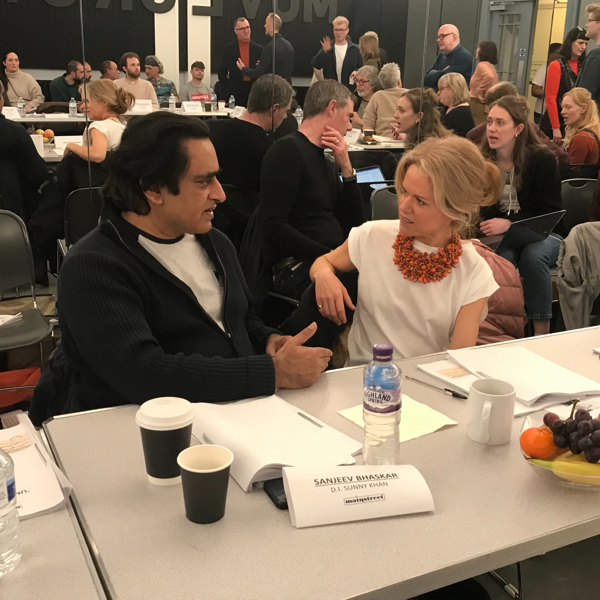 Sanjeev Bhaskar and Sinead Keenan chat at the Unforgotten Season 6 table read
