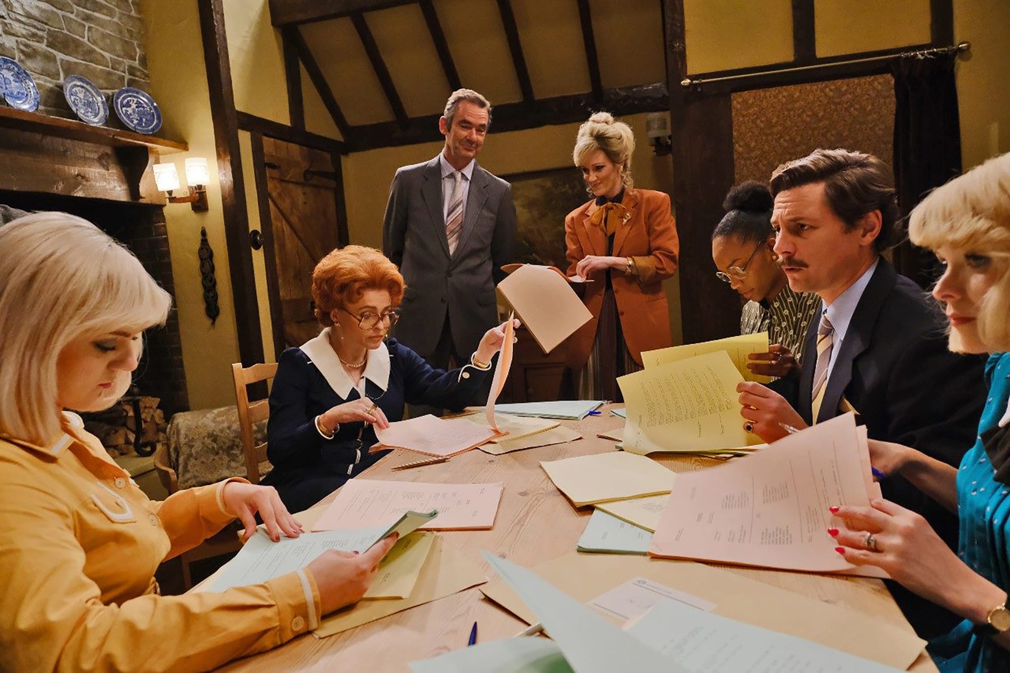 Chloe Harris as Susan Hanson, Helena Bonham Carter as Noele Gordon, Richard Lintern as Ronald Allen, Clare Foster as Sue Lloyd, Augustus Prew as Tony Adams, Antonia Bernath as Jane Rossington in 'Nolly'