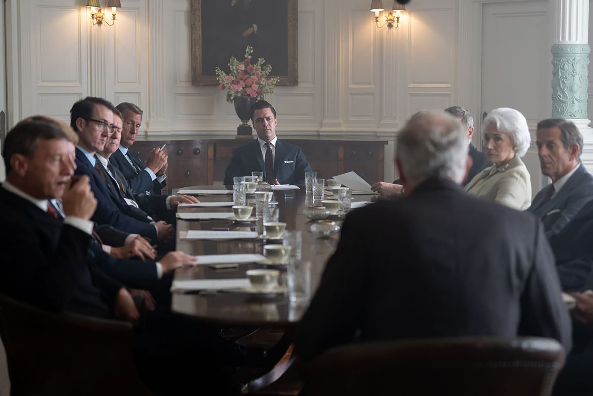 Olly Rix as Matthew Aylward faces down the board of Aylward Estates in 'Call The Midwife' Season 13