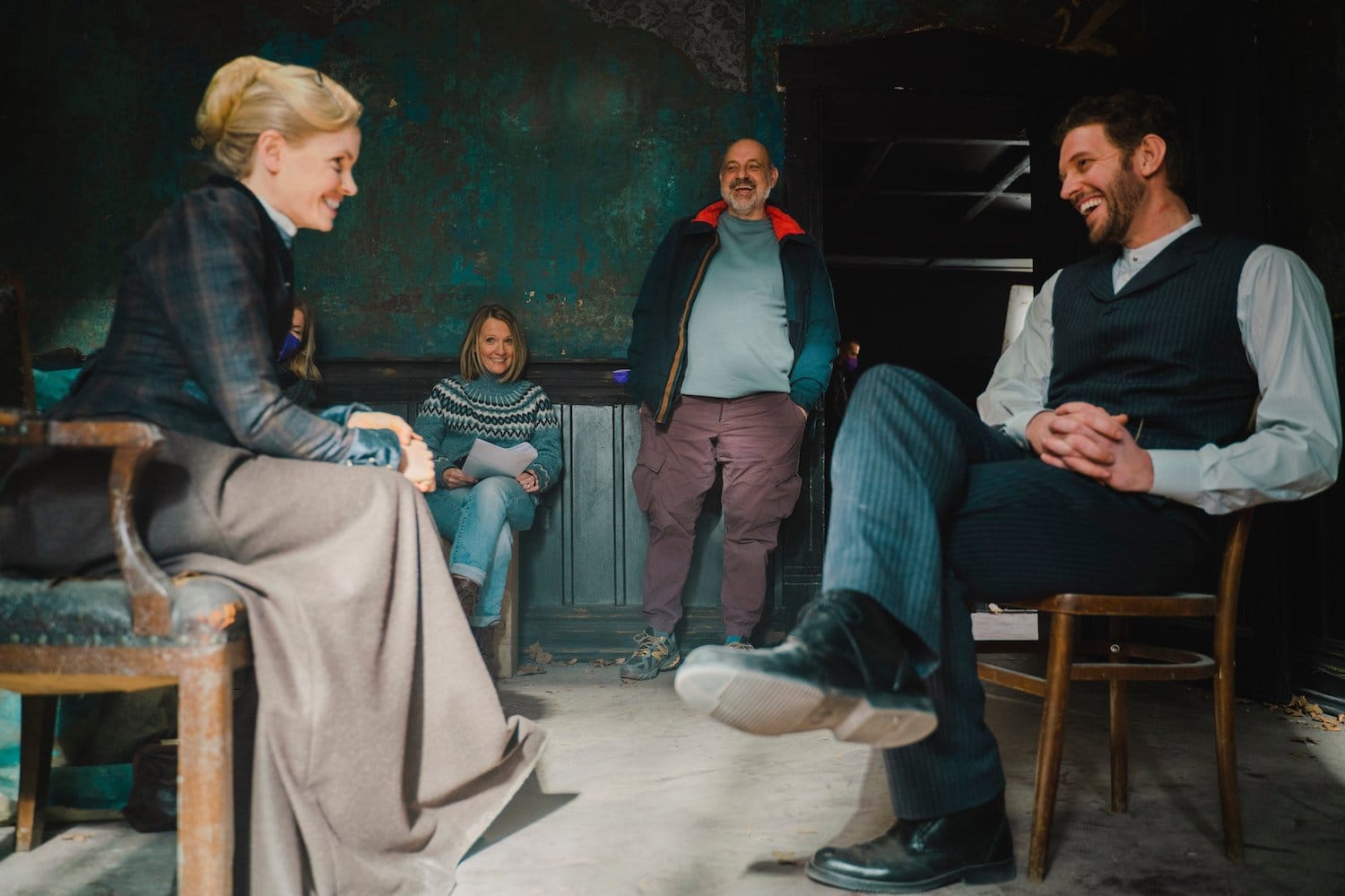 Kate Phillips and Tom Durant Pritchard filming "Miss Scarlet" Season 5