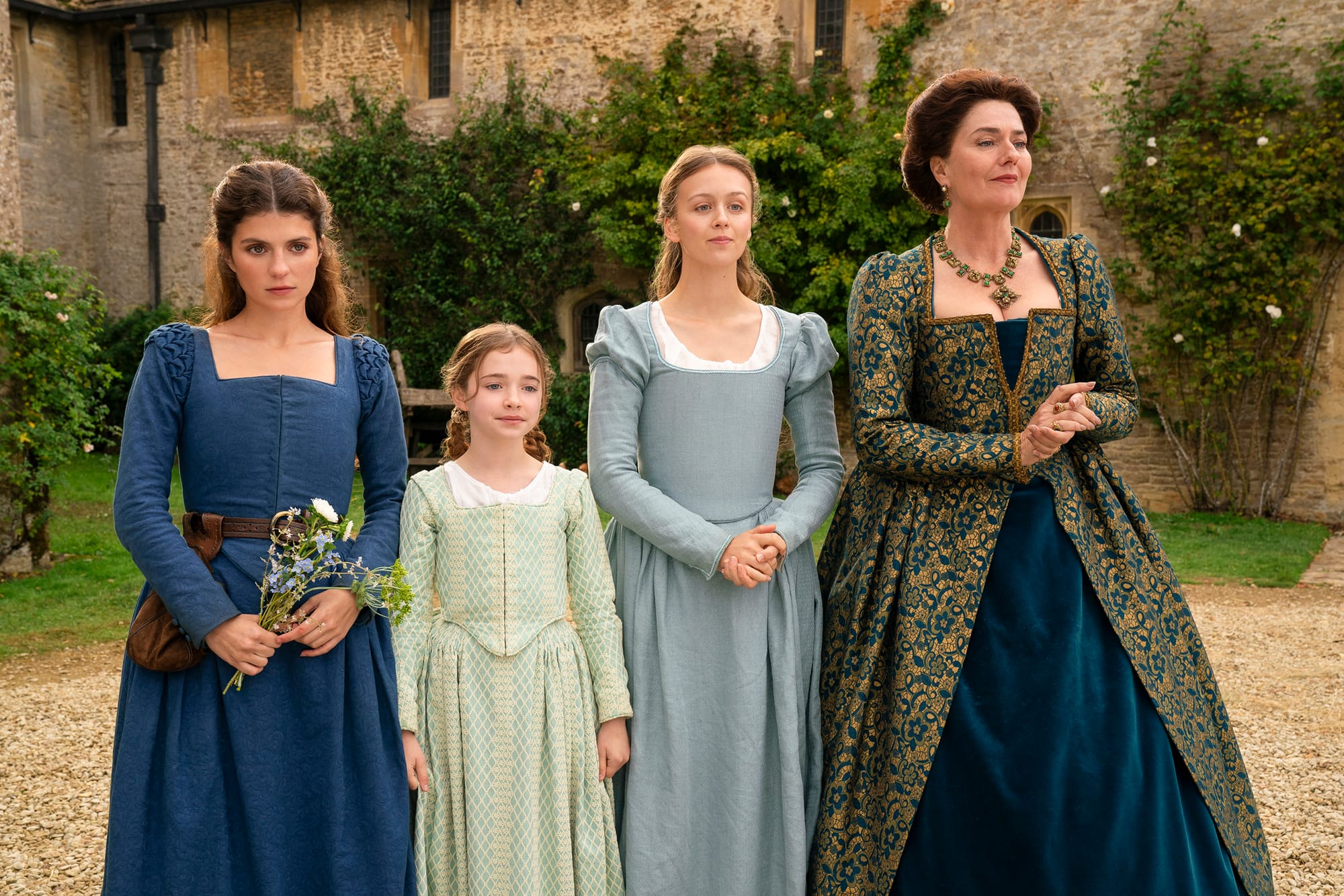 Emily Bader as Lady Jane Grey, Robyn Betteridge as Margaret Grey, Isabella Brownson as Katherine Grey, and Anna Chancellor as Frances Grey in 'My Lady Jane' Season 1