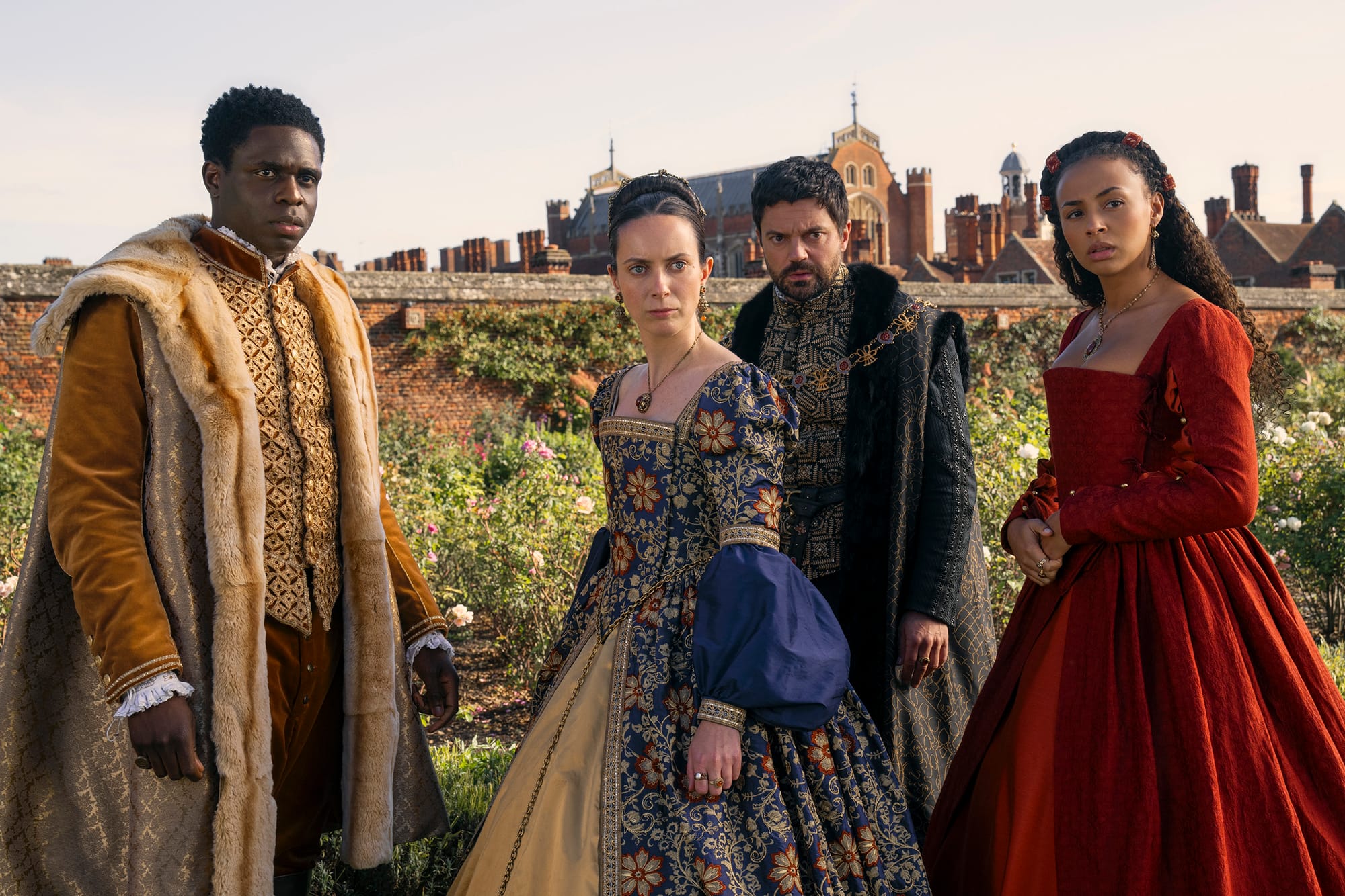 Jordan Peters as King Edward, Kate O'Flynn as Princess Mary, Dominic Cooper as Lord Seymour, and Abbie Hern as Bess in 'My Lady Jane' Season 1