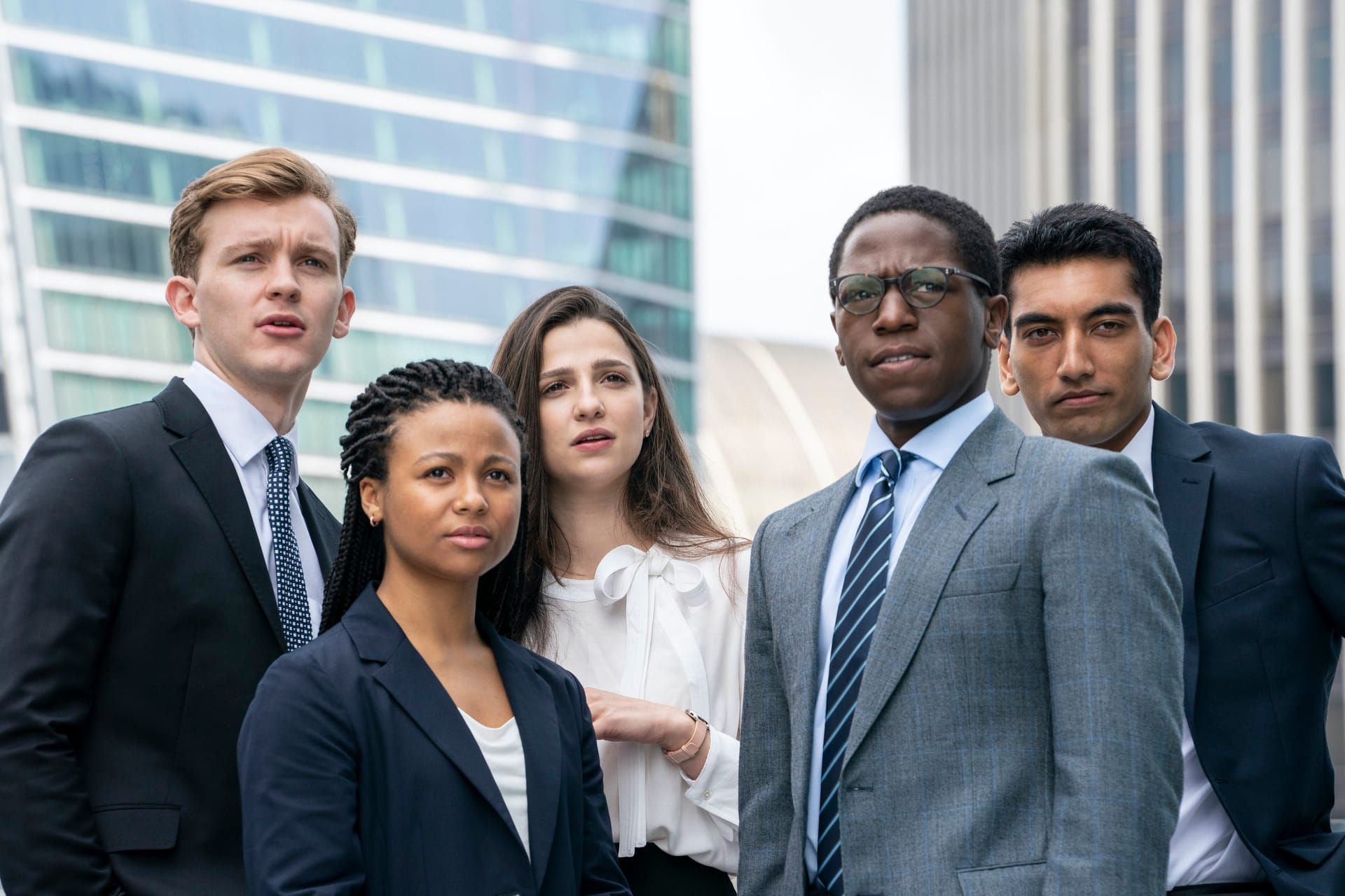 Harry Lawtey as Robert Spearing, Myha'la Herrold as Harper Stern, Marisa Abela as Yasmin Kara-Hanani, David Jonsson as Augustus "Gus" Sackey, and Nabhaan Rizwan as Hari Dhar in 'Industry' Season 1