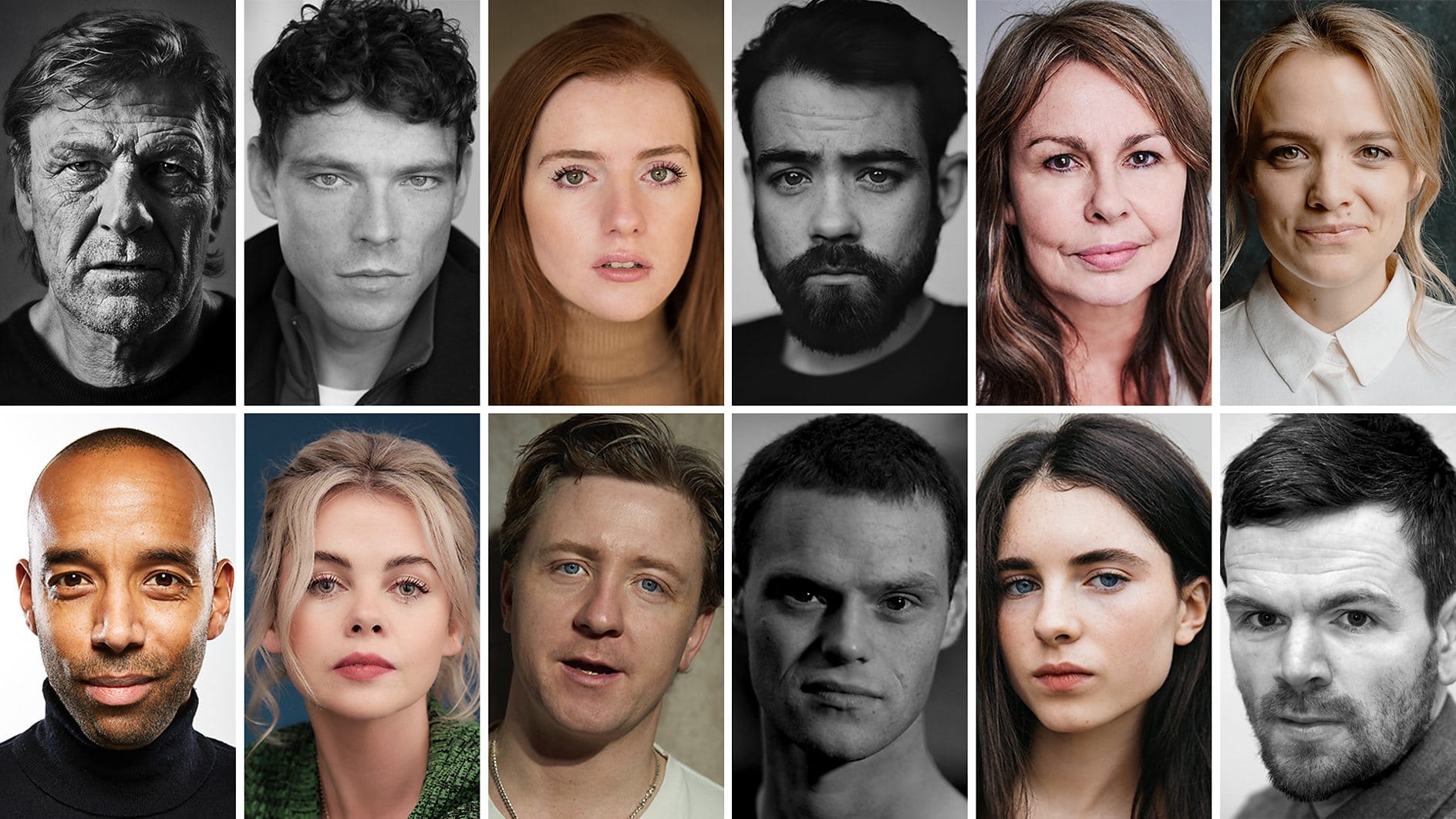 Headshots of the cast of This City Is Ours: Sean Bean, James Nelson-Joyce, Hannah Onslow, Jack McMullen, Julie Graham, Laura Aikman, Kevin Harvey, Saoirse-Monica Jackson, Mike Noble, Bobby Schofield, Darci Shaw, Stephen Walters