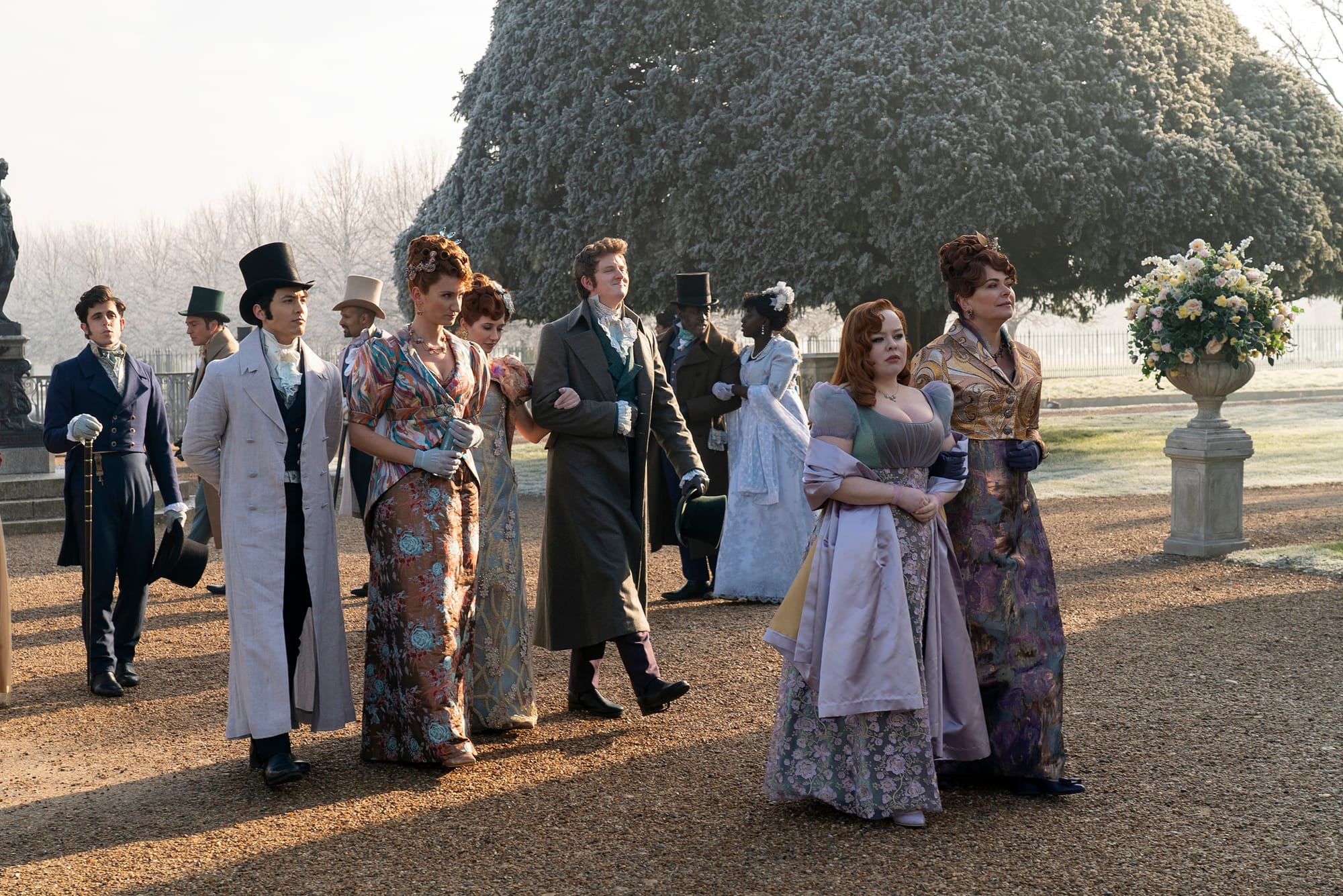 James Phoon as Harry Dankworth, Bessie Carter as Prudence Featherington, Harriet Cains as Philipa Featherington, Lorn Macdonald as Albion Finch, Nicola Coughlan as Penelope Featherington, and Polly Walker as Lady Portia Featherington in Bridgerton Season 3