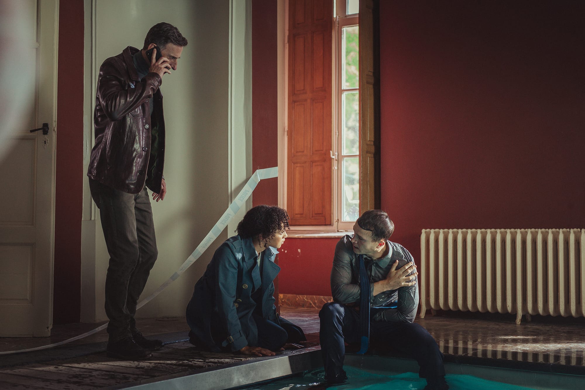 Andy Gathergood as Paul Rabbit, Emma Naomi as Lisa Donckers, and Barney White as Dan Winters in 'Professor T' Season 3