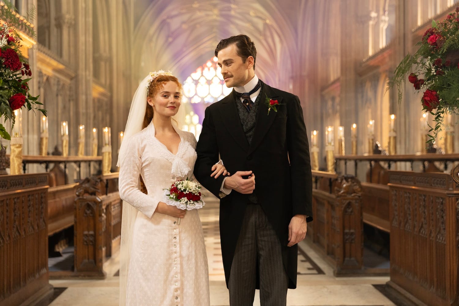 Millie Gibson as Irene and Joshua Orpin as Soames in 'The Forsyte Saga' Season 1