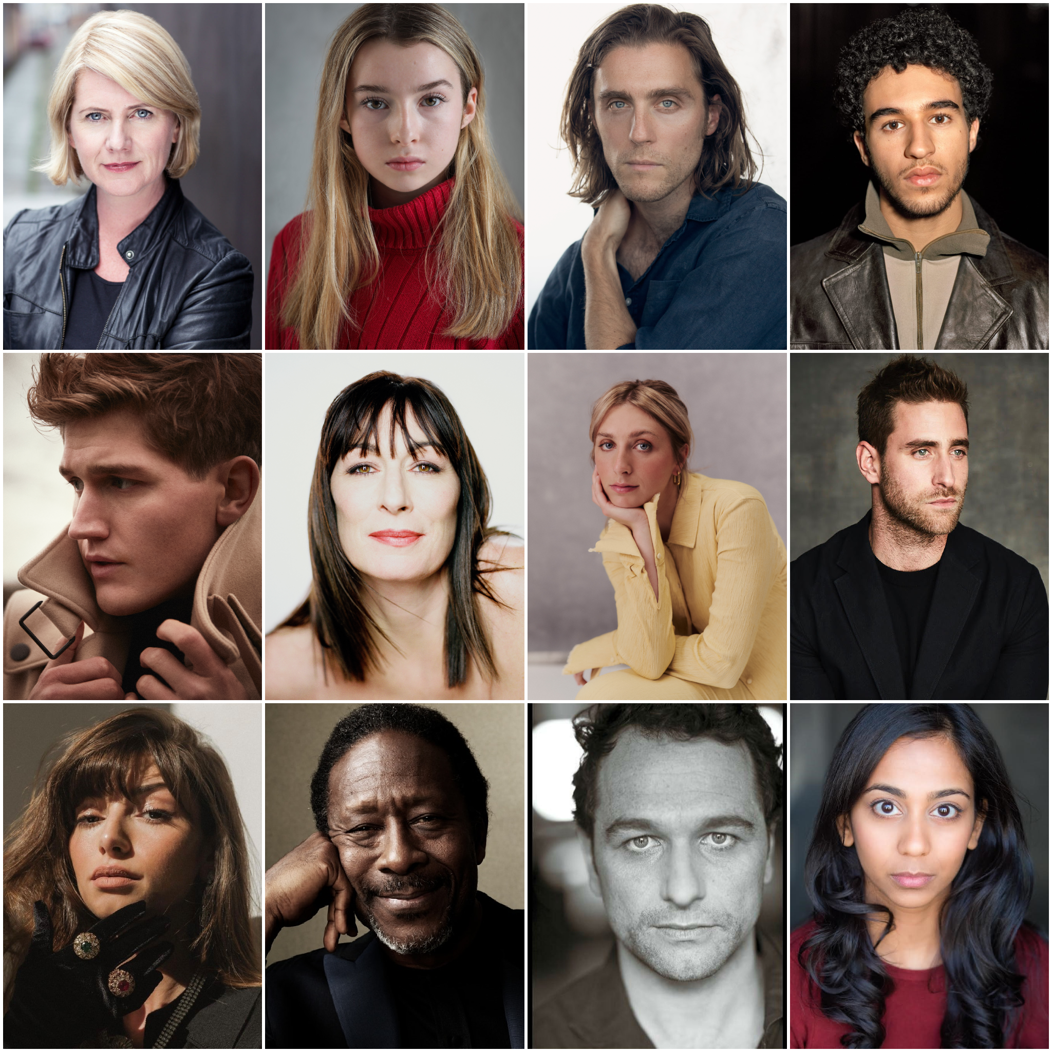 The cast of 'Towards Zero': Top: Jackie Clune, Grace Doherty, Jack Farthing, Khalil Gharbia. Middle: Adam Hugill, Anjelica Huston, Ella Lily Hyland, Oliver Jackson-Cohen. Bottom: Mimi Keene, Clarke Peters, Matthew Rhys, Anjana Vasan