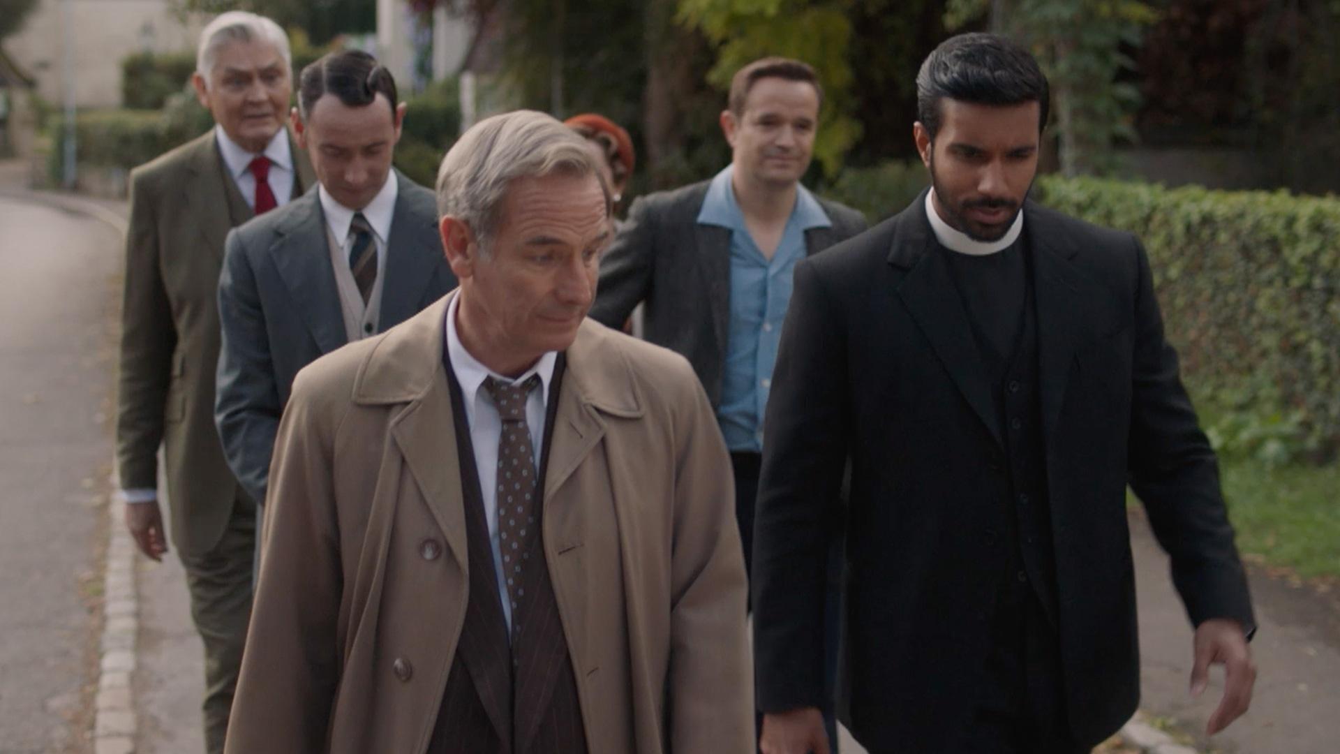 Rishi Nair, Robson Green, Al Weaver, Oliver Dimsdale, and Nick Brimble in "Grantchester" Season 9