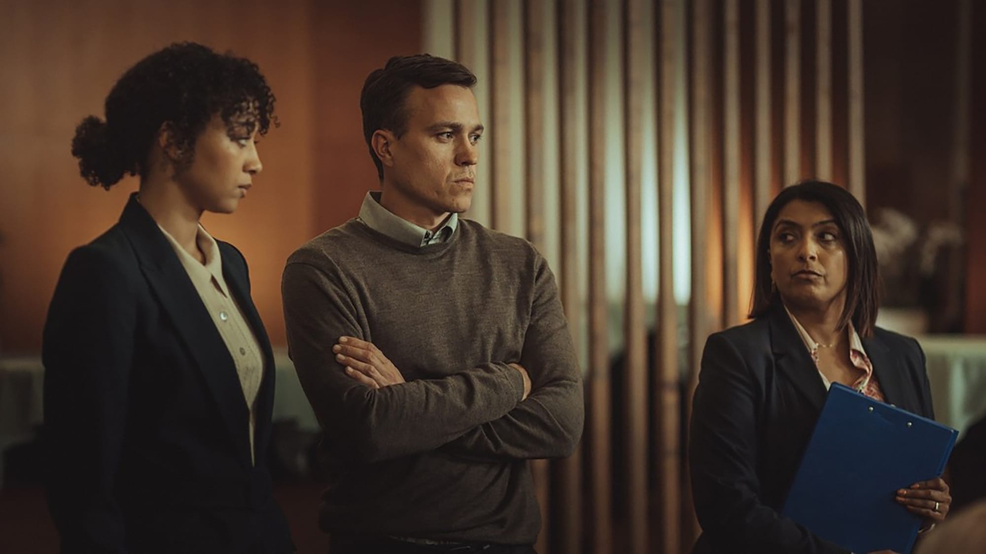 Emma Naomi as Lisa Doinkers, Barney White as Dan Winters, and Sunetra Sarker as Maiya Goswami in 'Professor T' Season 3