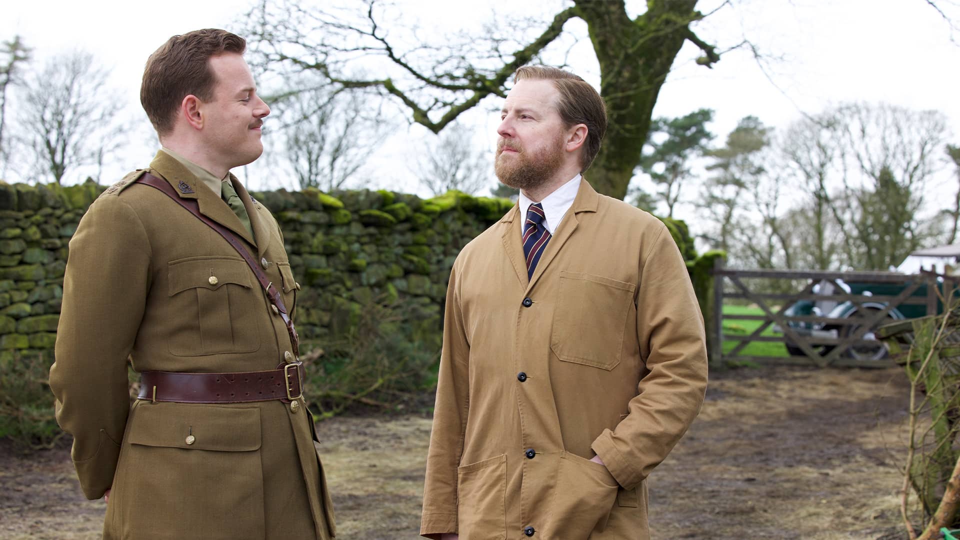 Callum Woodhouse as Tristan and his new mustaches, Samuel West as Siegfried in All Creatures Great And Small Season 5